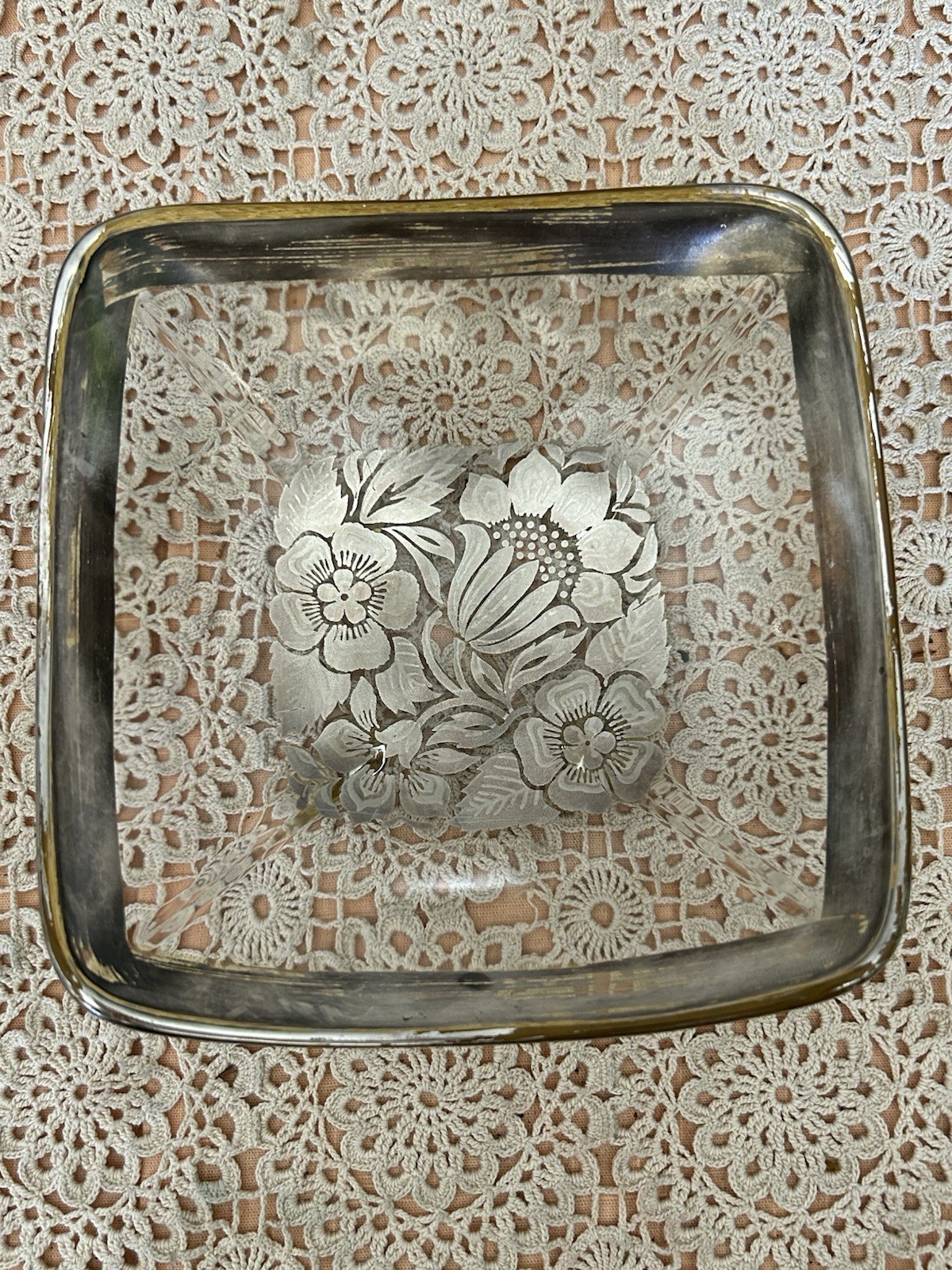 MCM Signed Georges Briard Silver Overlay Floral Design Square Candy Dish 8” VGUC