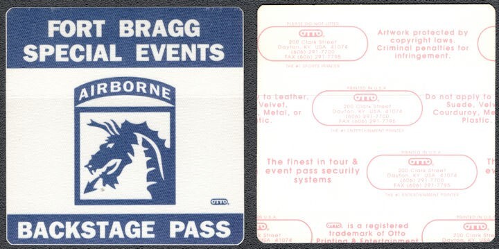 Vintage Fort Bragg Special Events OTTO Cloth Backstage Pass Military Concert Vtg