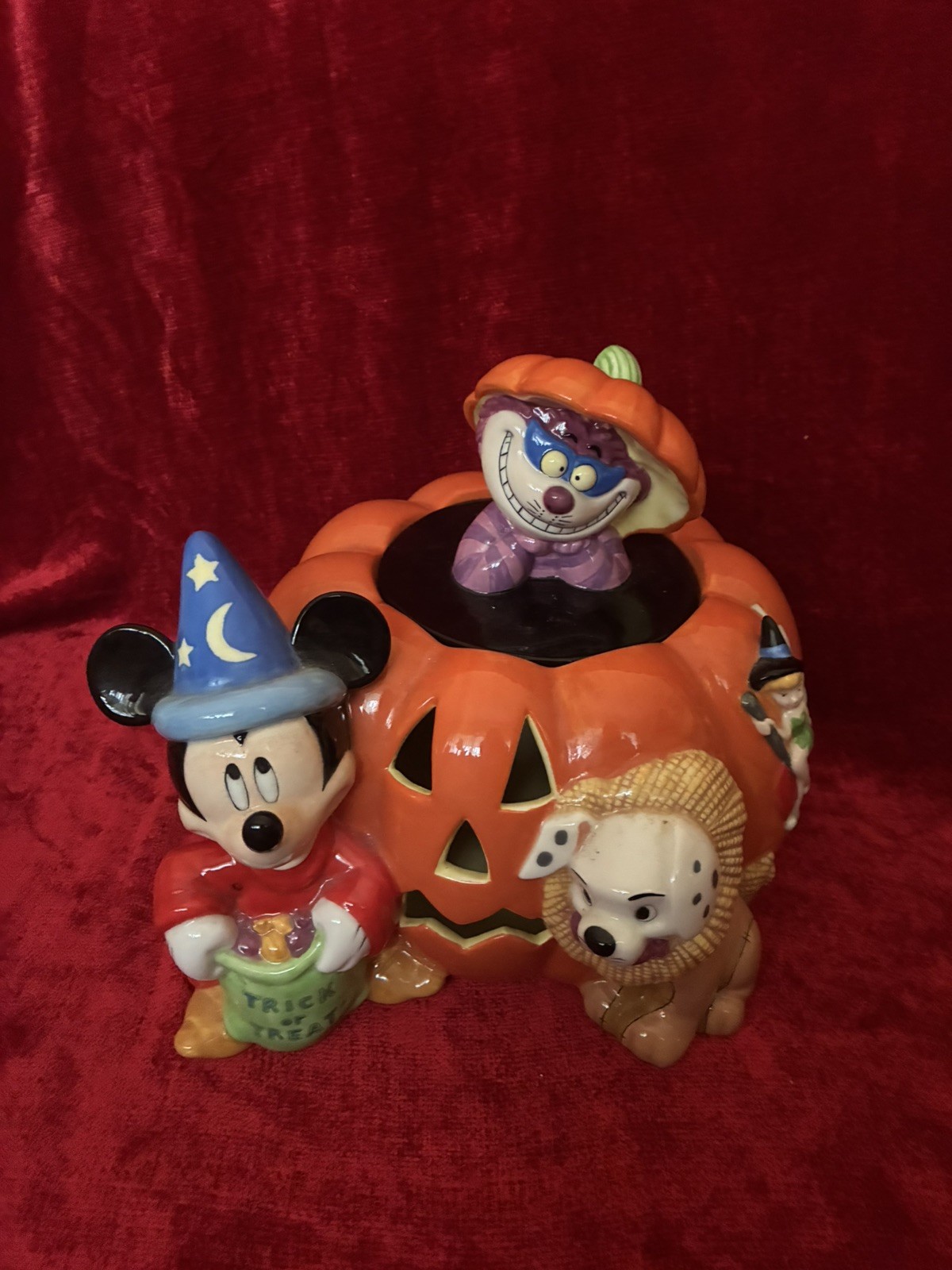 Disneyland Pumpkin Cookie Jar Mickey Mouse Cheshire Cat Halloween Trick or Treat