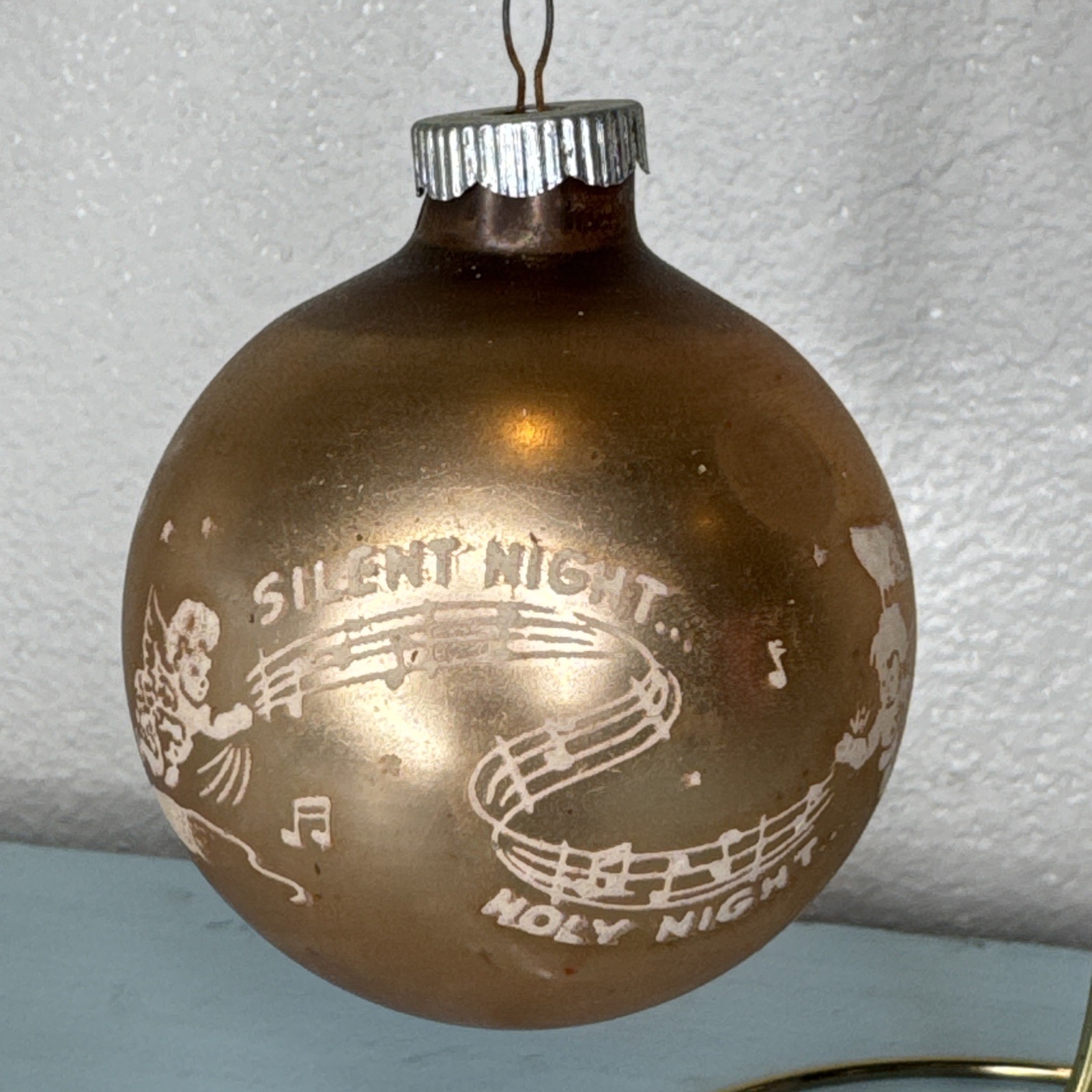 Vintage Shiny Brite Gold Stencil Silent Night Holy Night Christmas Ornament 3\