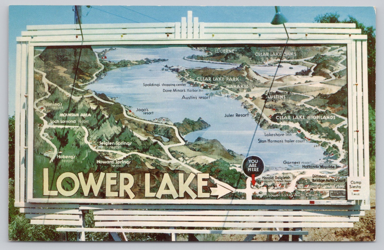 Lower Lake Area Map Sign, Clear Lake CA California Postcard 1960s Mike Roberts