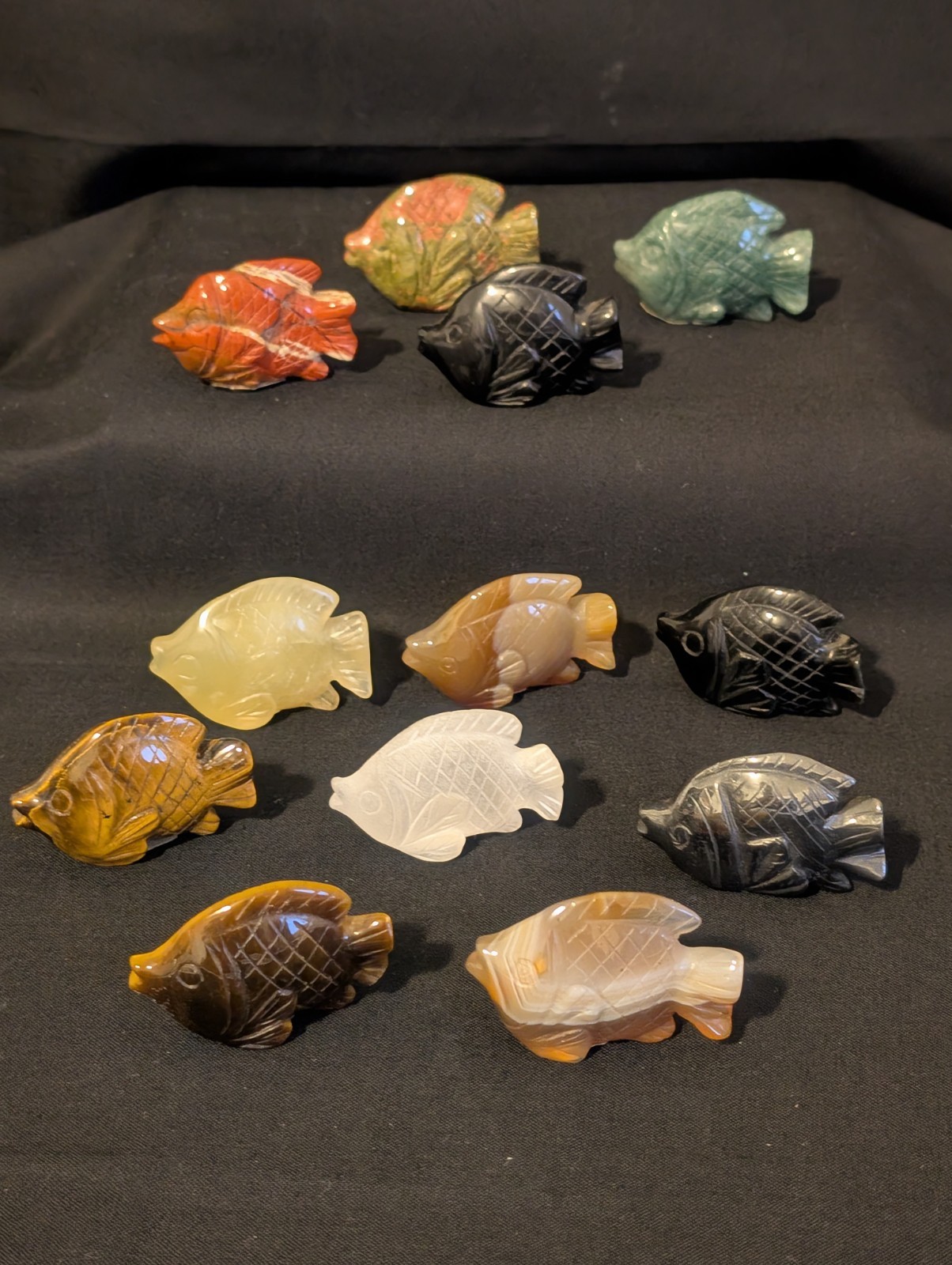 Vtg Set of Twelve (12) Semi-precious Carved Stone Fish Agate Unakite 2\