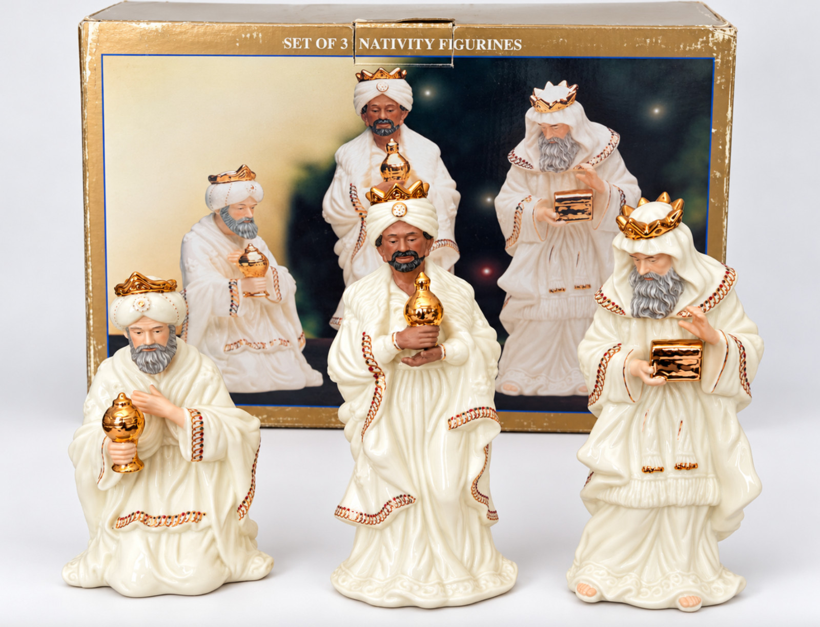 Vintage Bon Ton Jade Porcelain Nativity 3 Wise Men Ivory Gold Trim w/Box