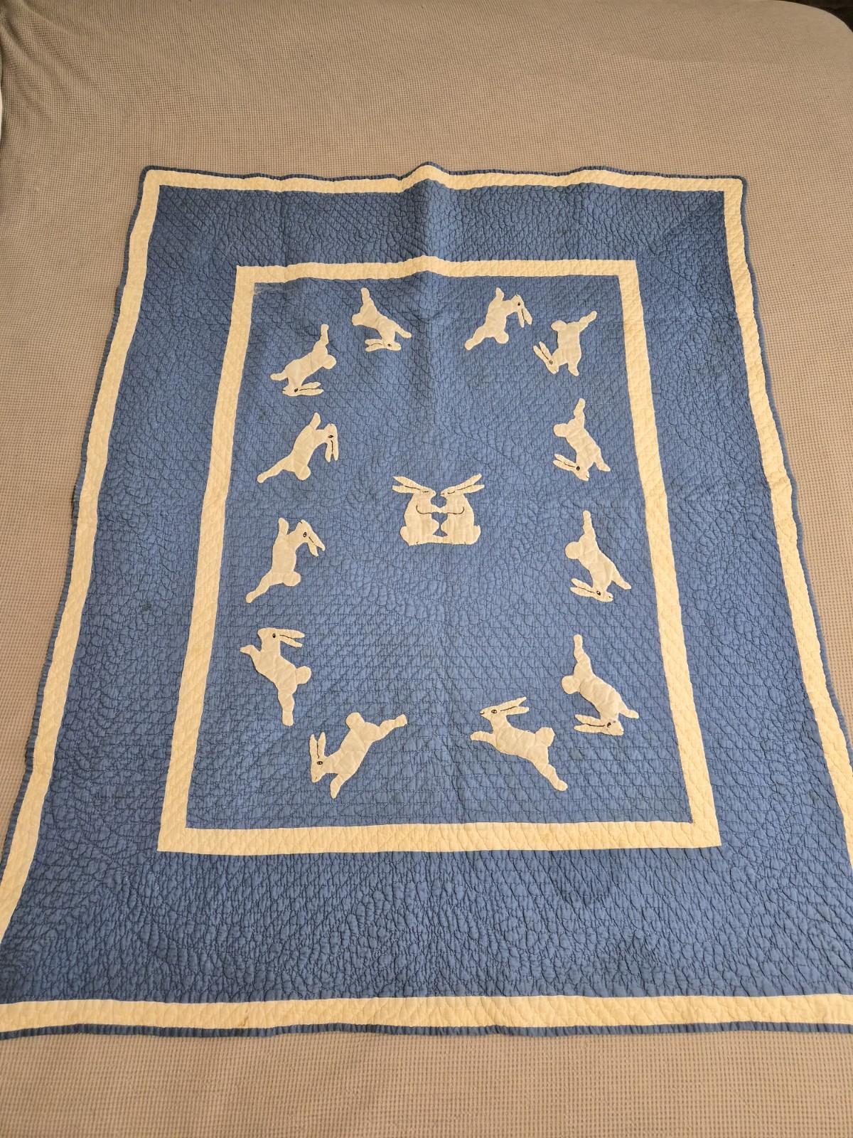 Vintage Handmade Applique rabbit Baby Quilt Crib Blanket Blue  Antique