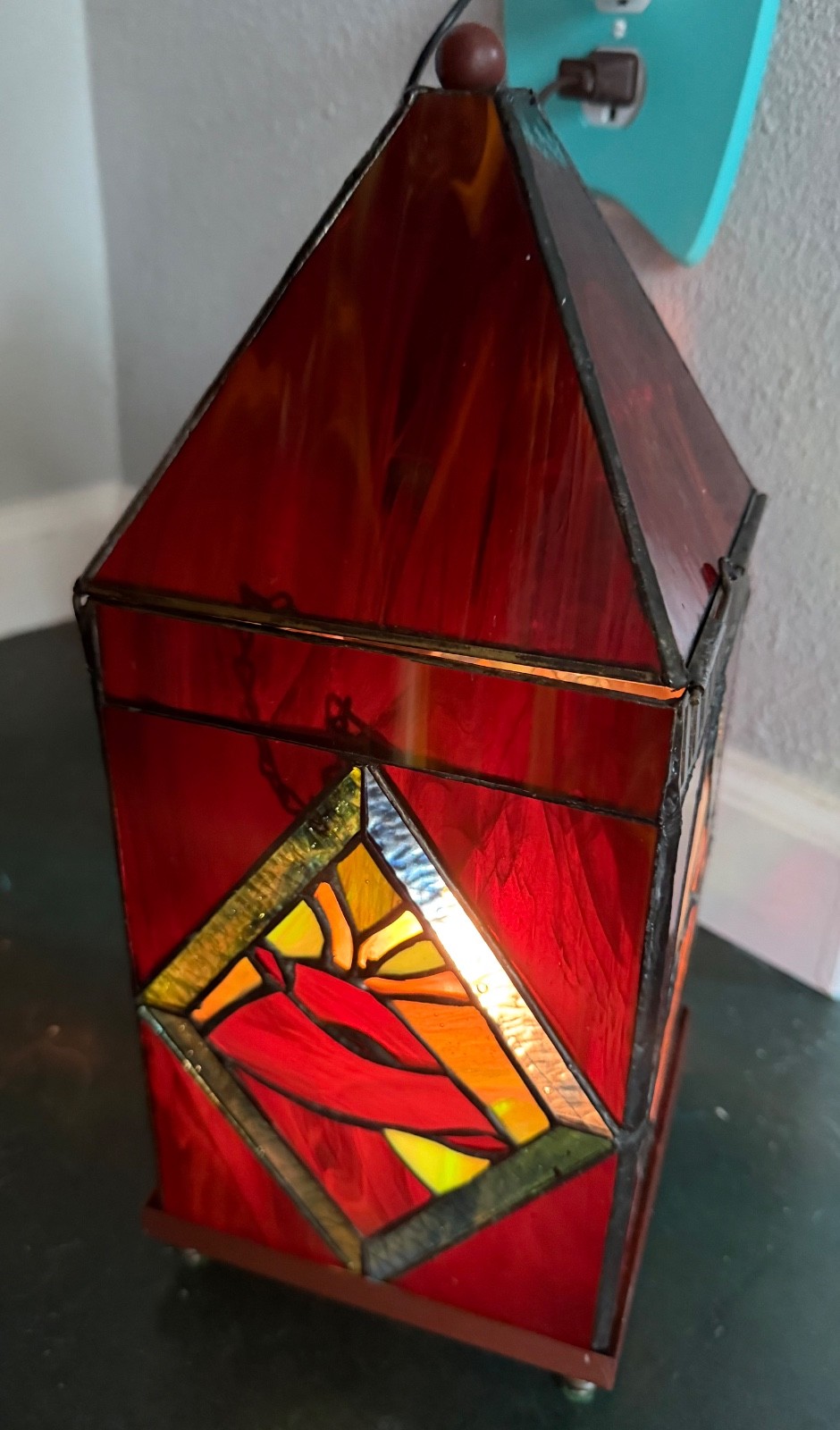 vintage Mexican handmade stained glass electric box lantern table lamp