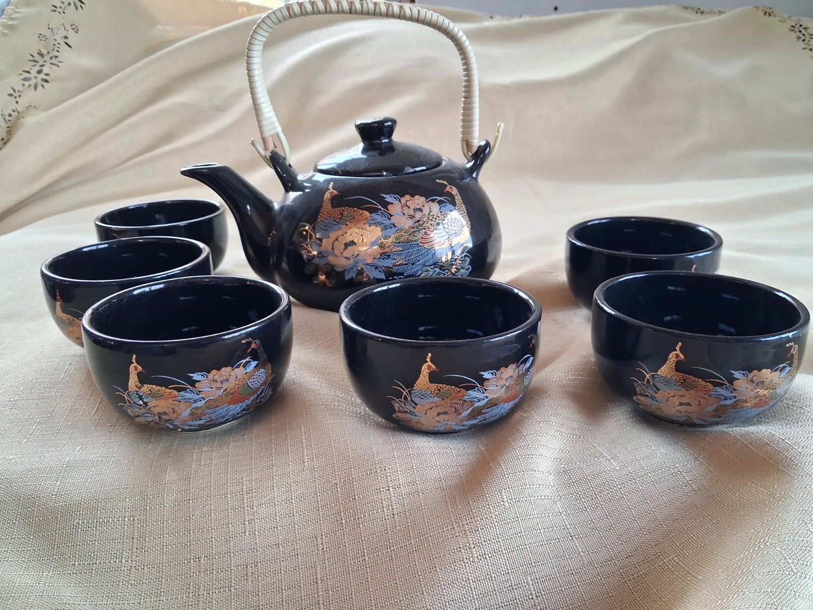 VTG Japanese Saki/Tea Set- Golden Peacock Design