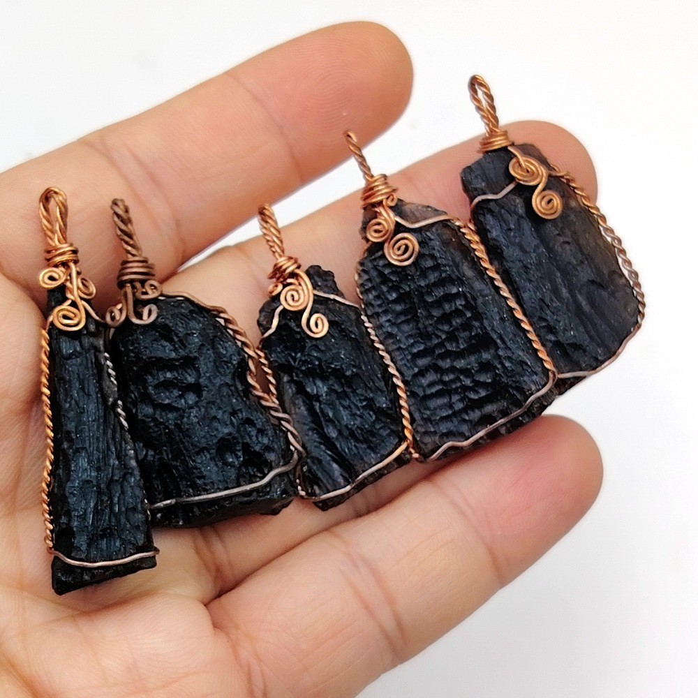 5pc Translucent Indochinite Tektite Pendant Lot Copper Wire Wrapped Necklaces 5pc Translucent Indochinite Tektite Pendant Lot Copper Wire Wrapped Necklaces
