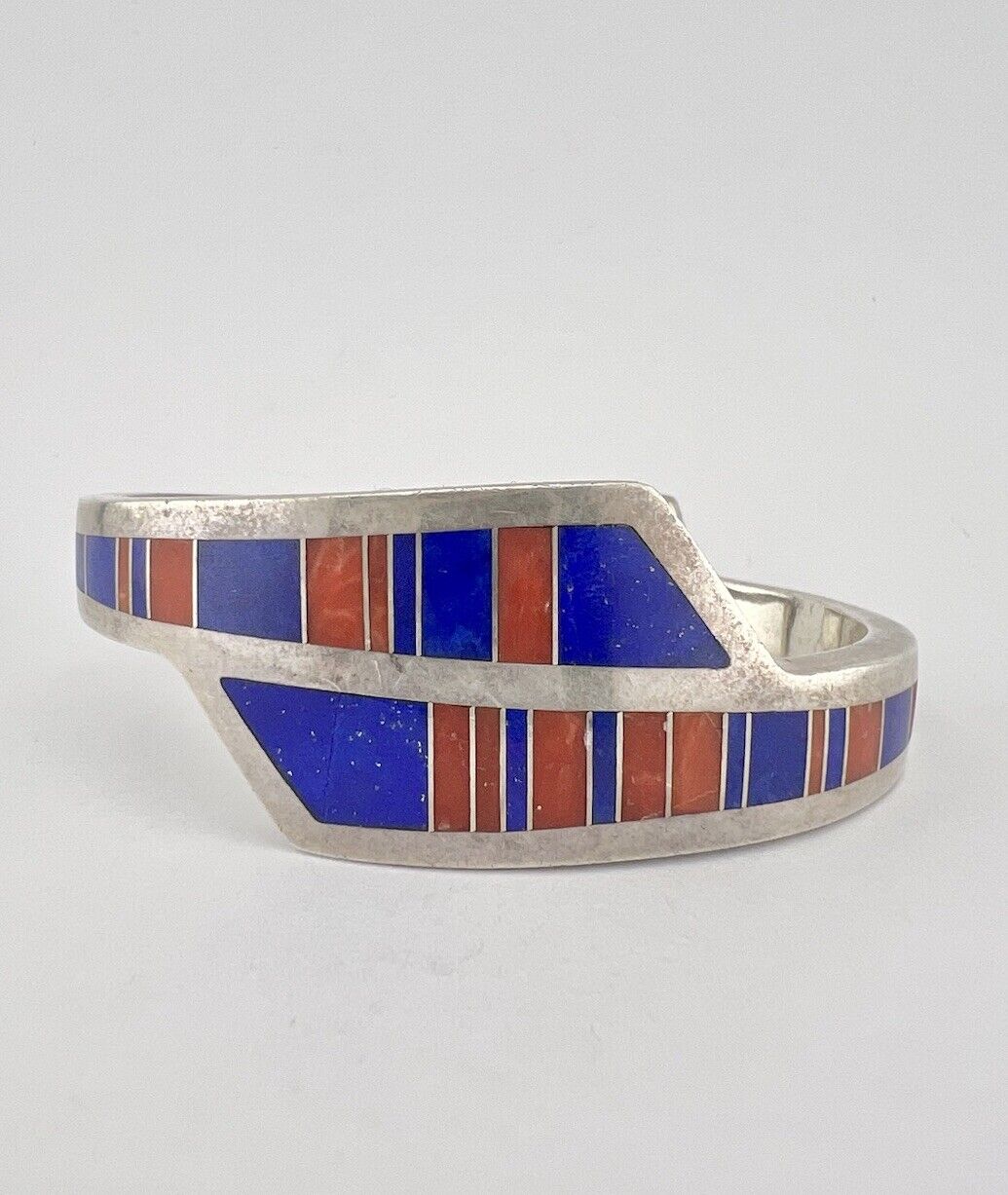 Ray Tracey Knifewing Navajo Sterling Silver Coral & Lapis Flush Cuff Bracelet