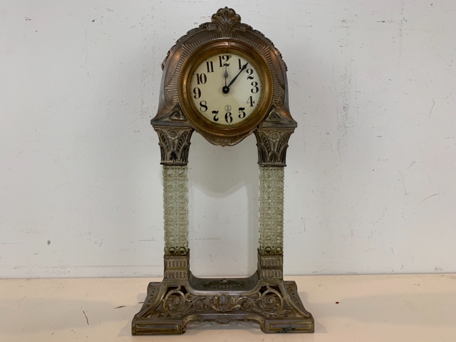 Antique German Mauthe Art Nouveau Glass Pillar Portico Mantel Clock c1900 Untest Antique German Mauthe Art Nouveau Glass Pillar Portico Mantel Clock c1900 Untest