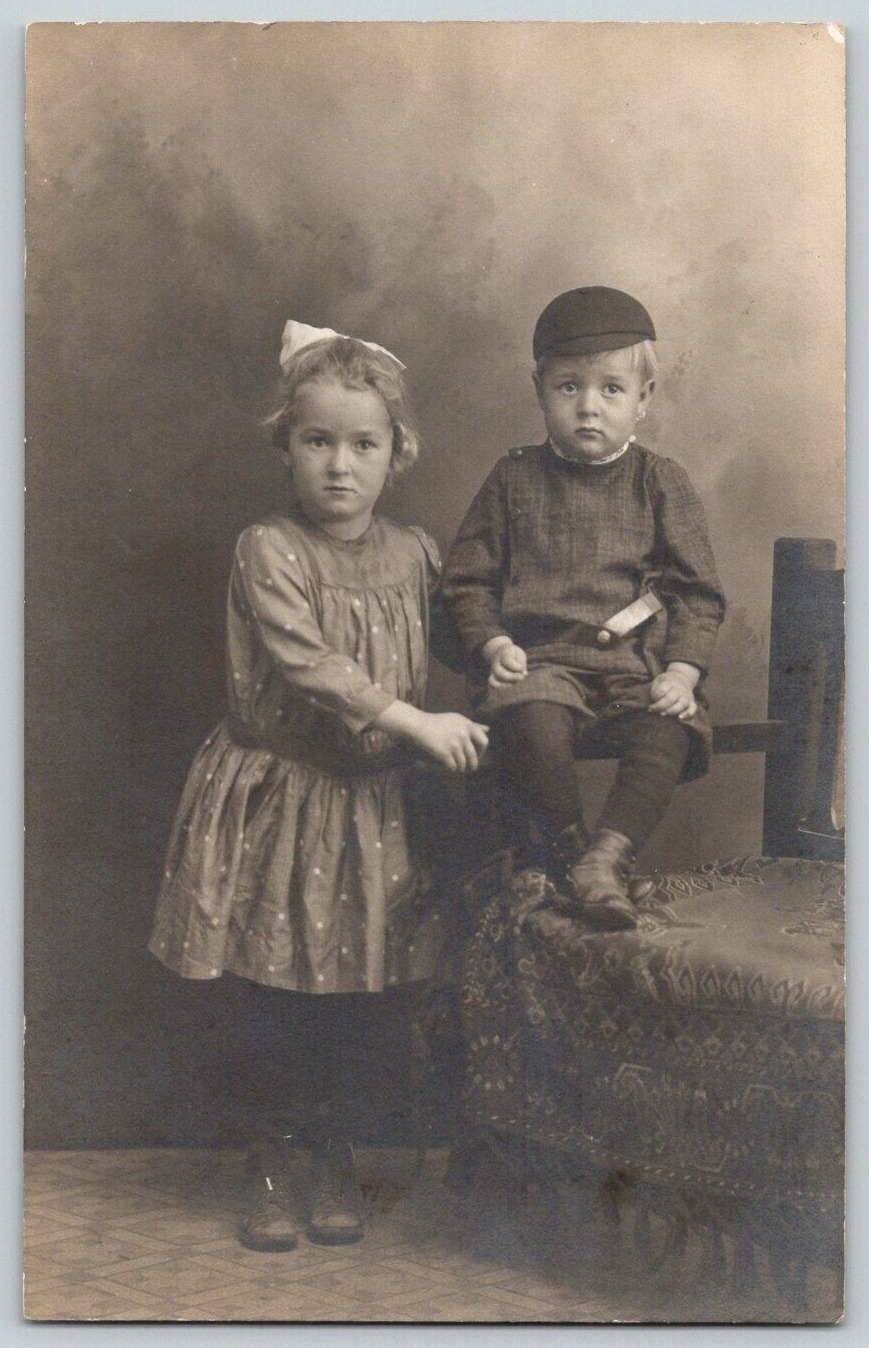 RPPC Portrait Postcard~ Girl & Boy Siblings Posed In Studio Portrait