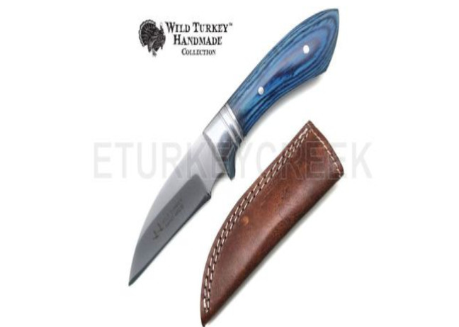 Wild Turkey Handmade Fixed Blade Hunting Knife Blue Wood Handle Leather Sheath Wild Turkey Handmade Fixed Blade Hunting Knife Blue Wood Handle Leather Sheath