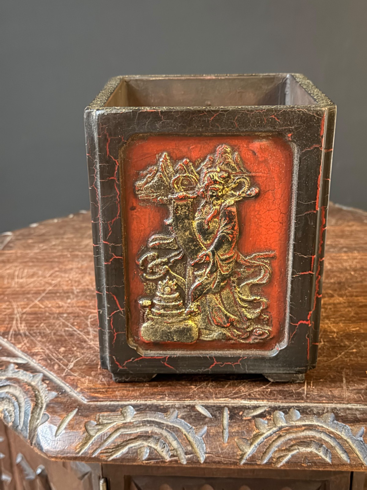 Vintage Chinese Style Red Lacquer Brush Pot Gilt Figural Relief Panels 6.7in