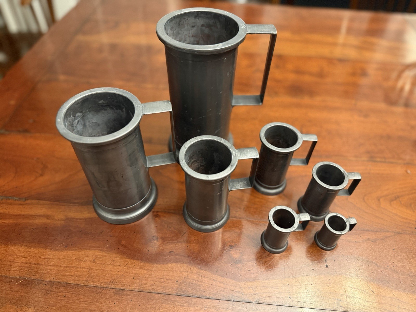 Antique 19thC French Pewter Graduated Liquid Measures Set 7 Crown Verification