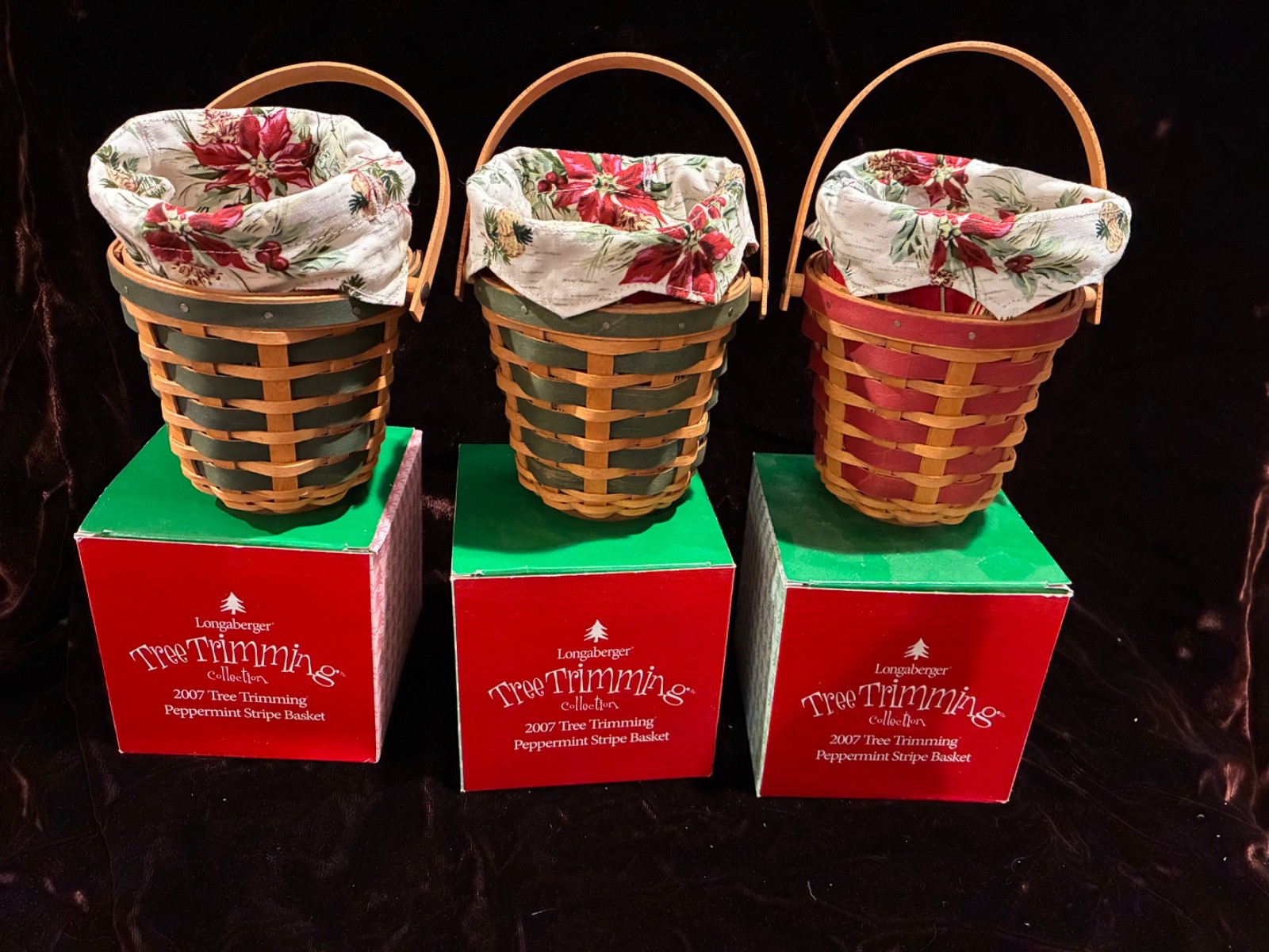 Longaberger 2007 Tree Trimming Peppermint Stripe Basket Lot of 3 VTG, Never Used
