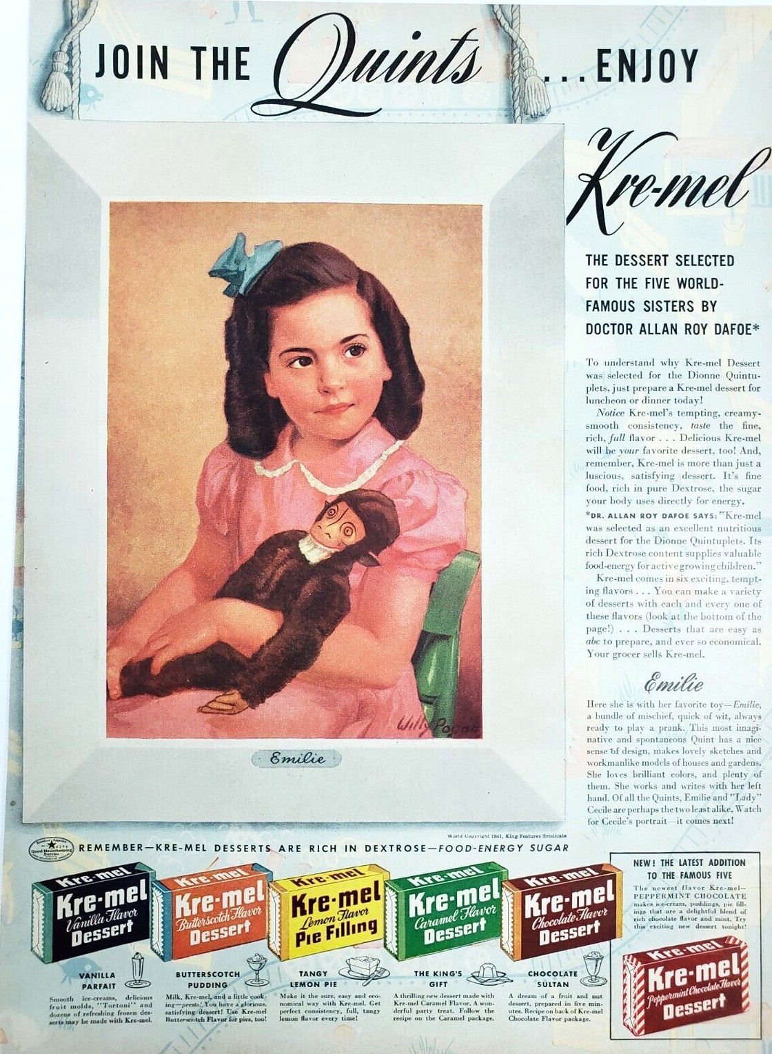 Dionne Quintuplet Emilie Vtg 1941 Ad Kremel Dessert Pie Filling Pudding Dafoe
