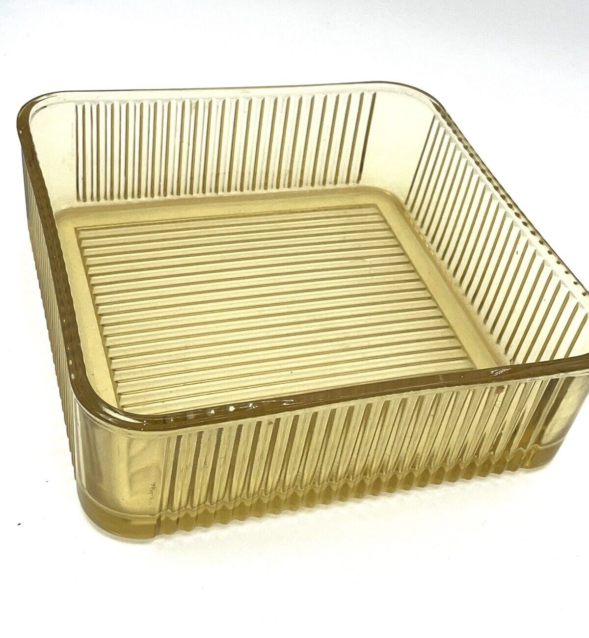 Vintage Federal Glass Amber Golden Yellow Square Refrigerator Dish 8½X 8½ No Lid