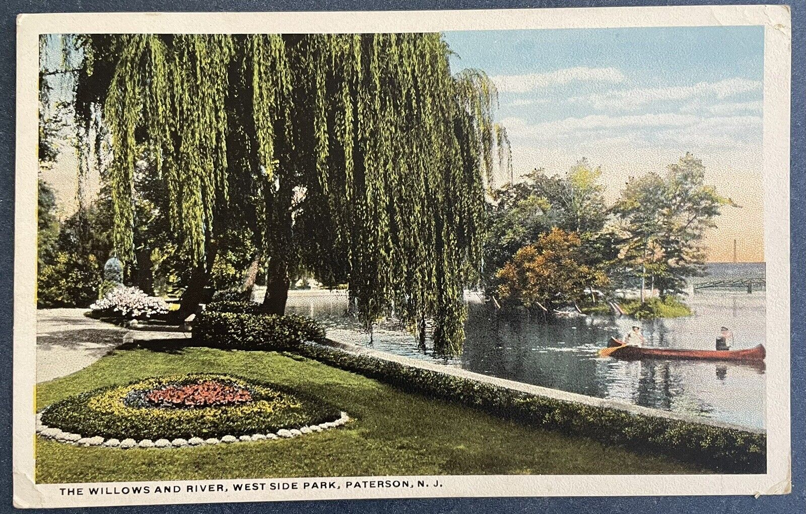 Vintage Postcard Paterson NJ West Side Park Willow Trees Passaic River Canoe