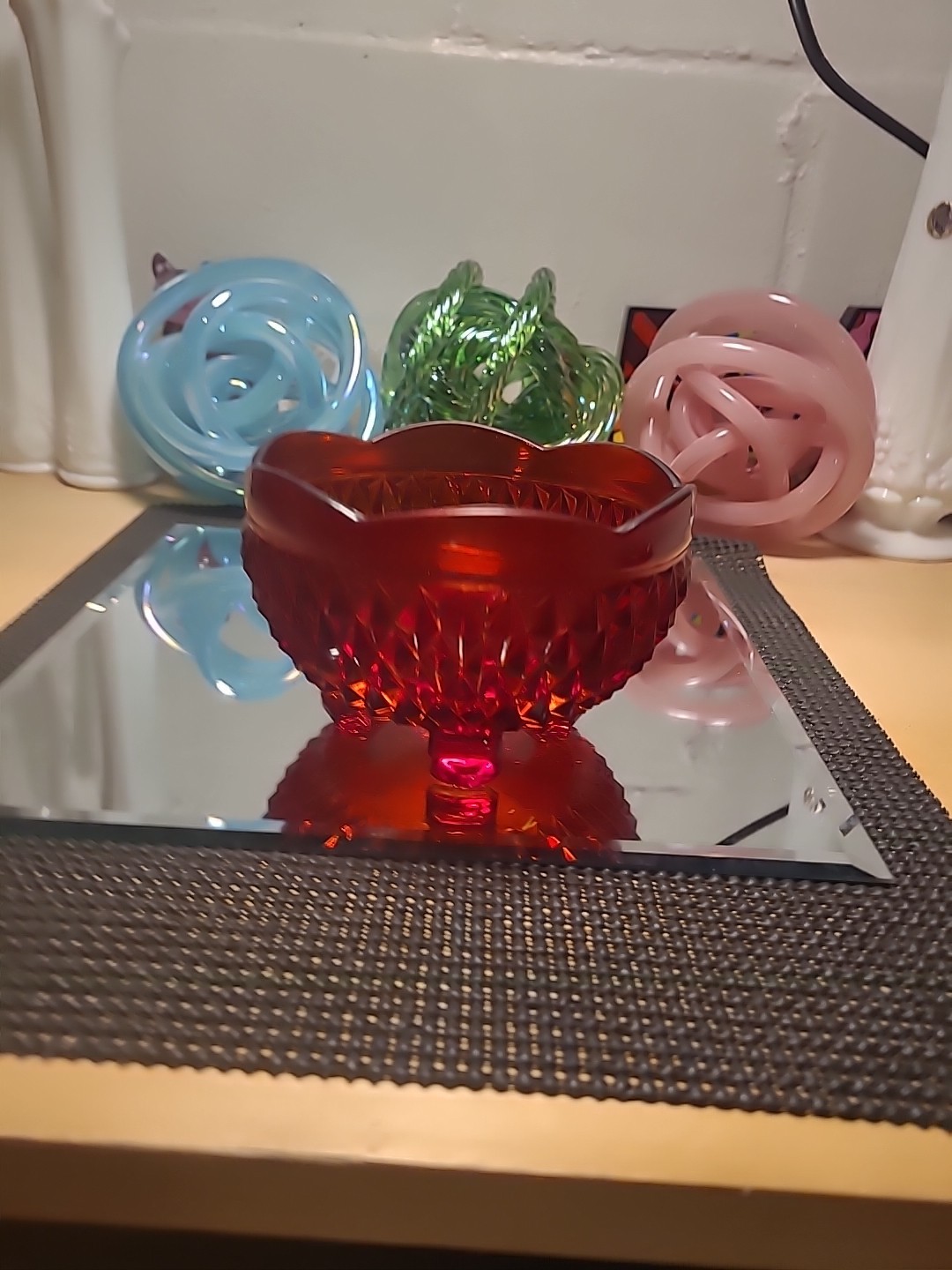 Vintage Indiana Diamond Point Bowl Three Toed Amber Red Glass Dish Flashed