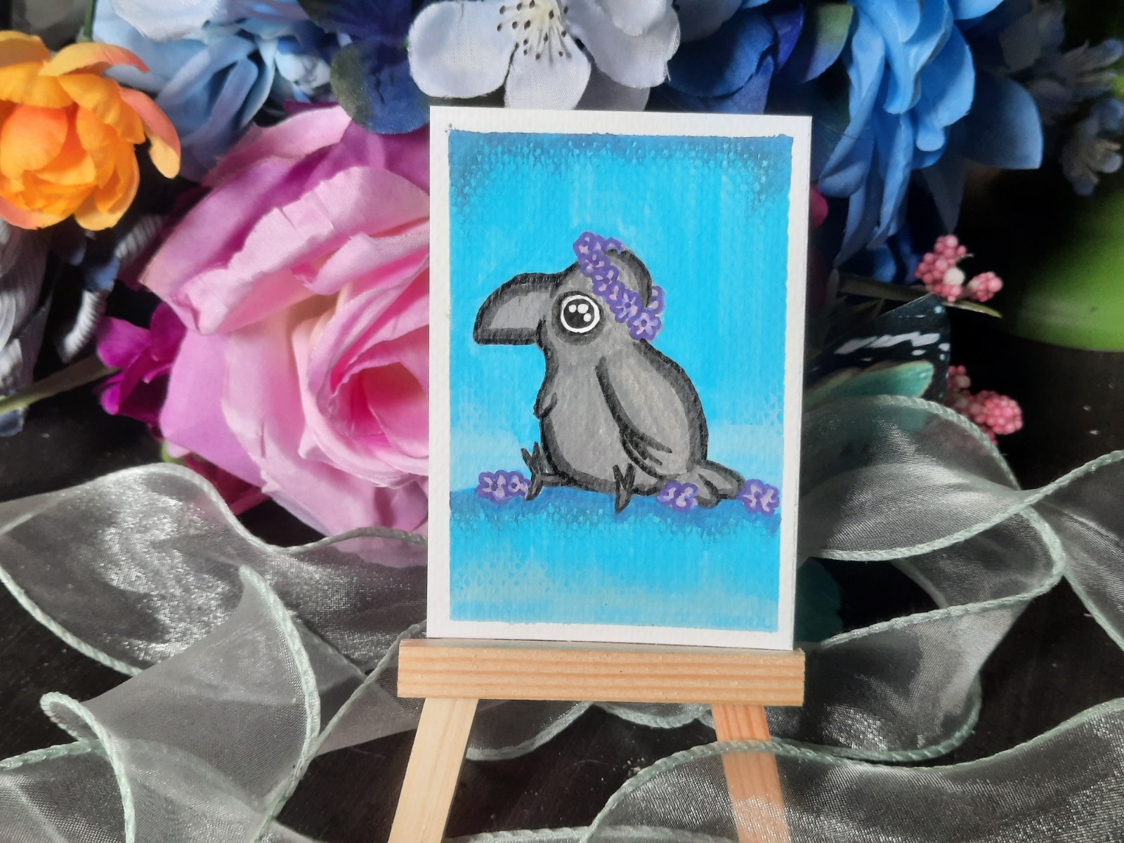 ACEO Original Flower Crown Crow 1 2.5\