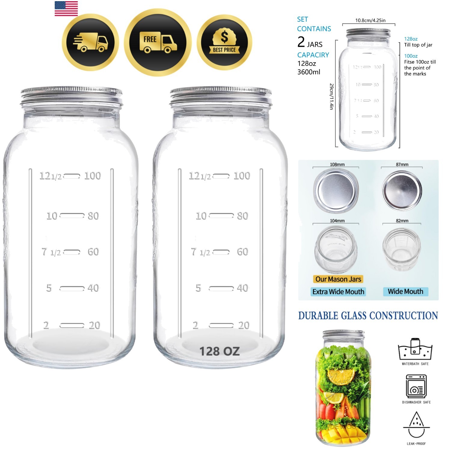 128 oz Mason Jars Extra Wide Mouth 2 Pack, 1 Gallon Glass Large Jars with Air... 128 oz Mason Jars Extra Wide Mouth 2 Pack, 1 Gallon Glass Large Jars with Air...