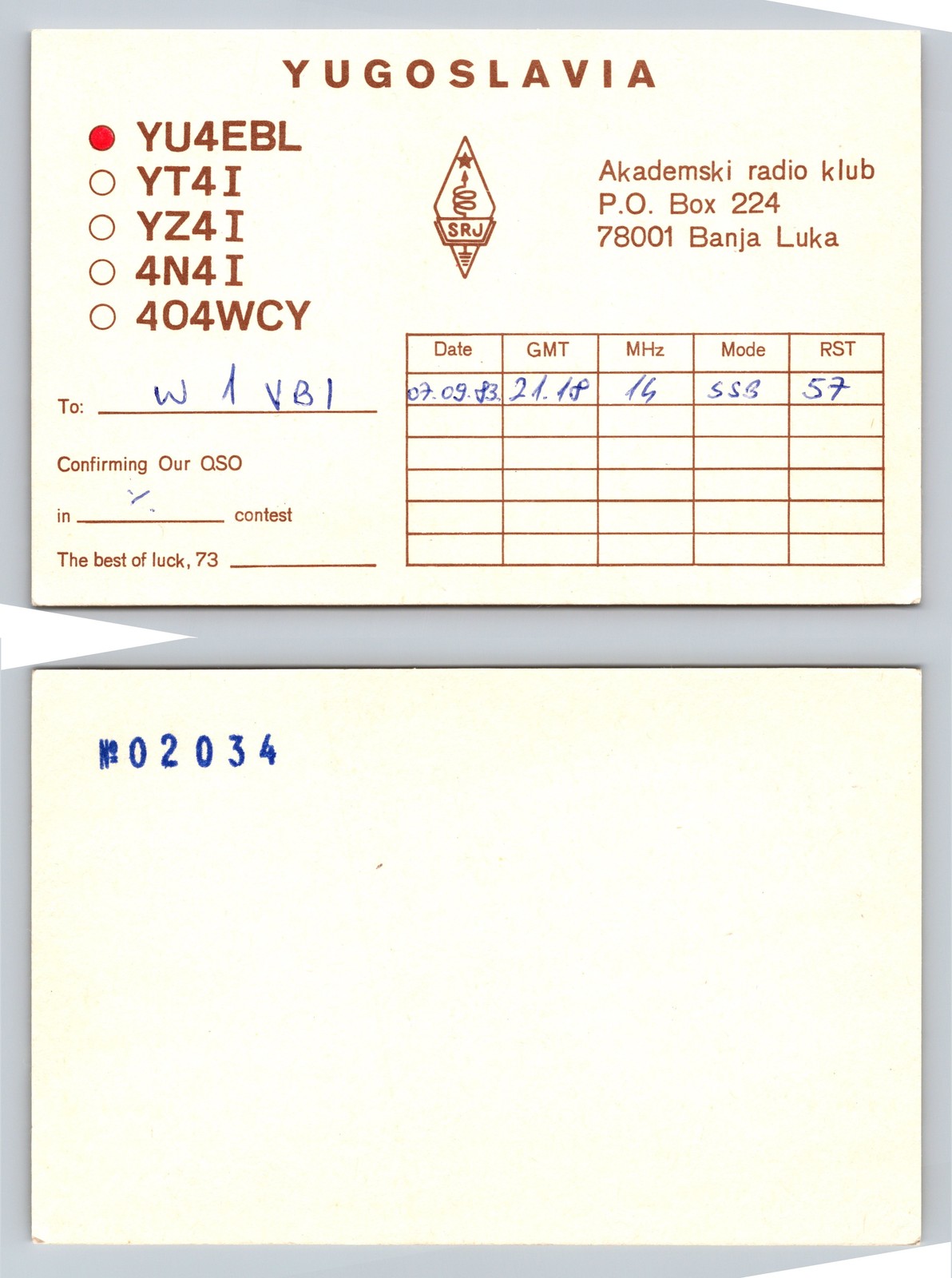 Ham Radio QSL QSO Postcard YU4EBL, Banja Luka, Republika Srpska, Yugoslavia