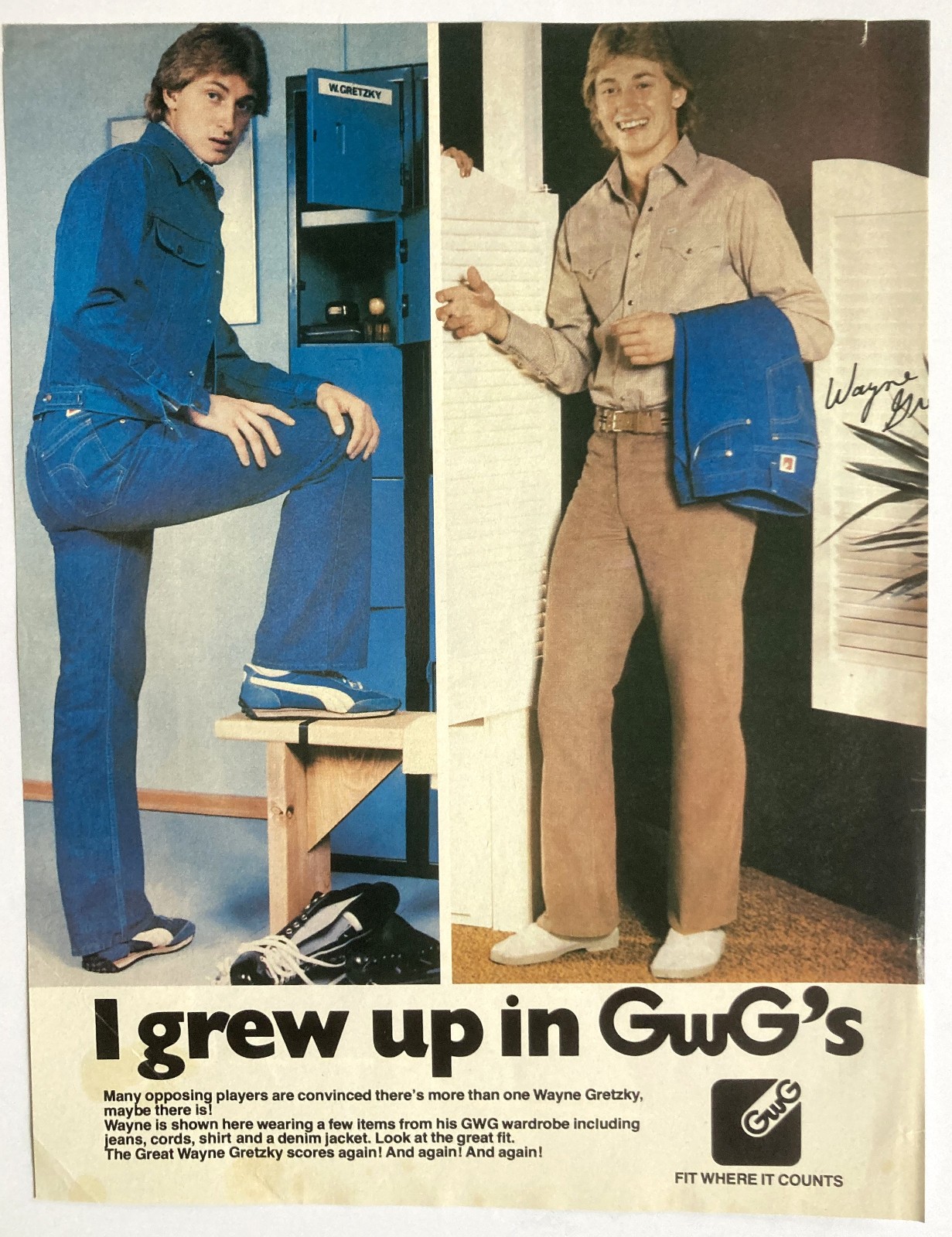 VERY RARE 1981 WAYNE GRETZKY GWG GREAT WESTERN GARMENT AD EDMONTON OILERS PRINT