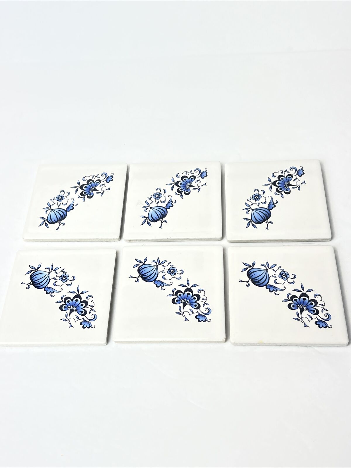 Set Of 6 Blue White Tile Coasters Vintage Onion Floral Pattern 3x3 Corelle?