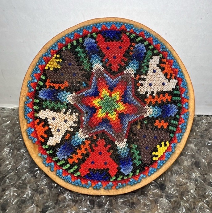 Vintage Huichol Beaded Gourd Bowl Mexican Folk Art Animal Peyote Starburst 4”