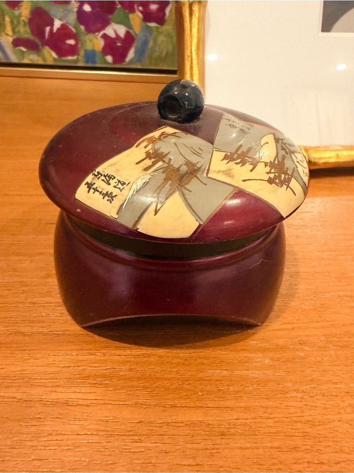 Vintage Japanese Red Lacquered Trinket Box with Hand-Painted Lid