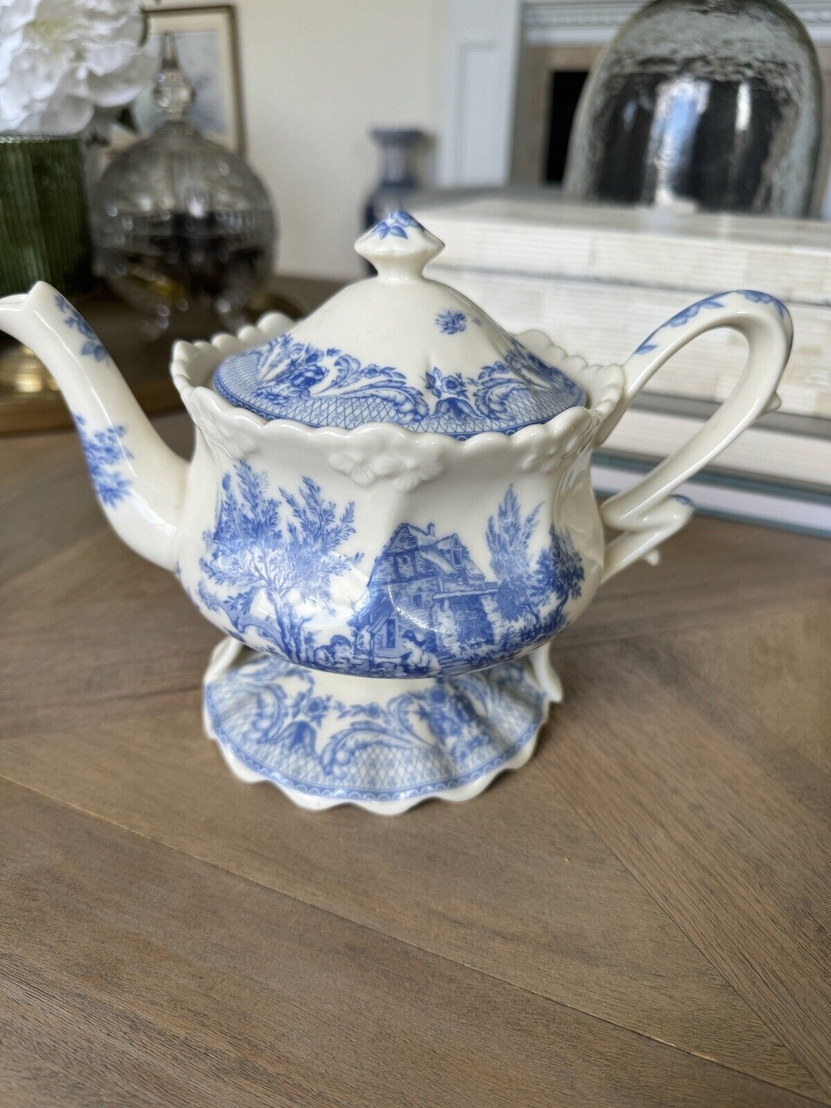 Vintage Burton & Burton Blue & White Scalloped Footed Pedestal Tea Coffee Pot