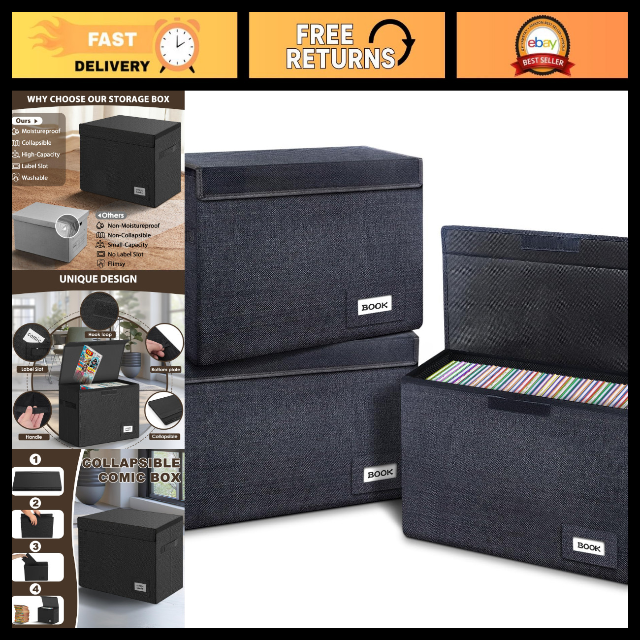 3 Pack Collapsible Comic Book Storage Boxes - Stackable Short Box Organizer