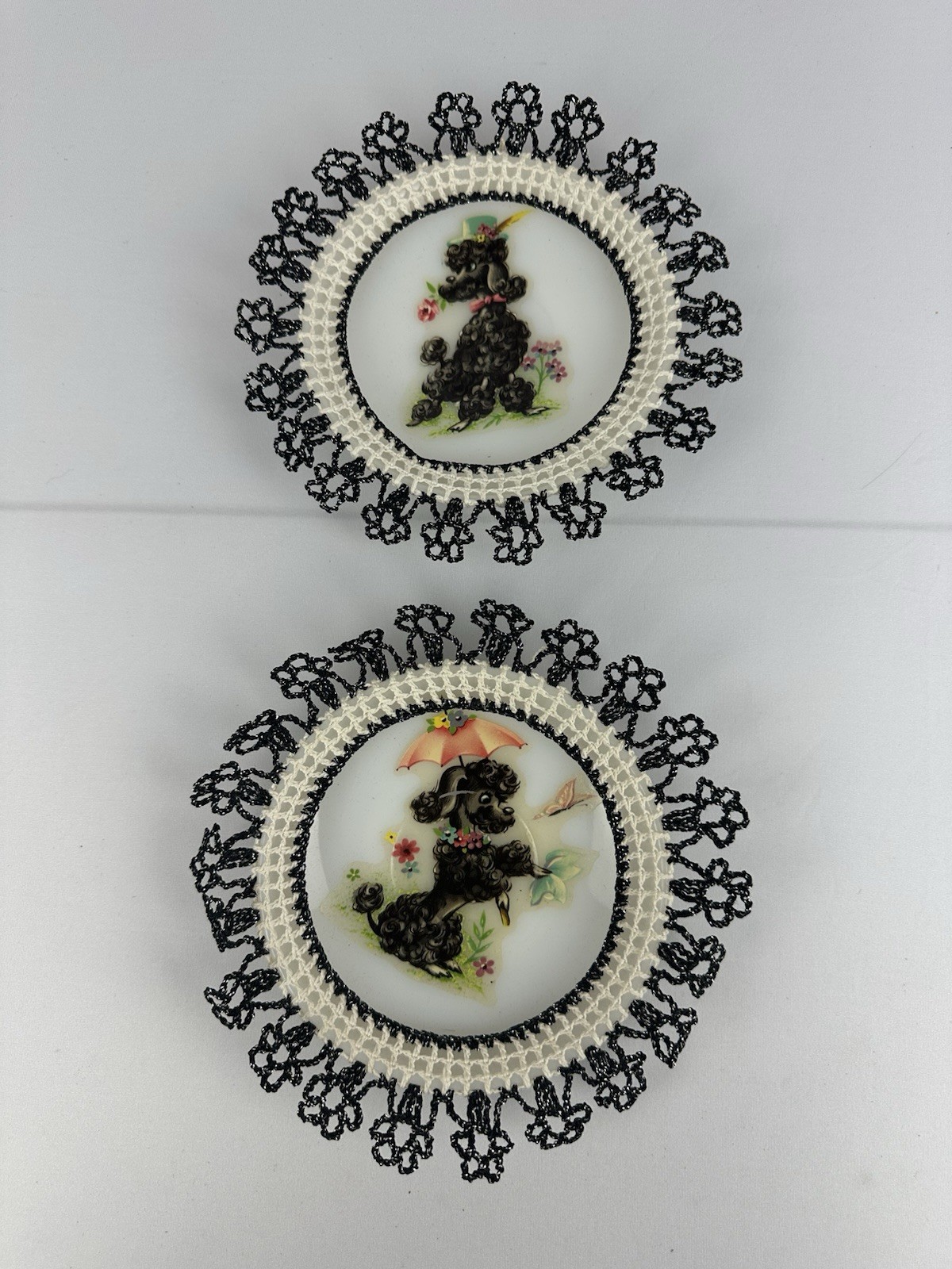Vintage 1950s Black Poodle Wall Plaques Pair Glass Crochet Paw Trim