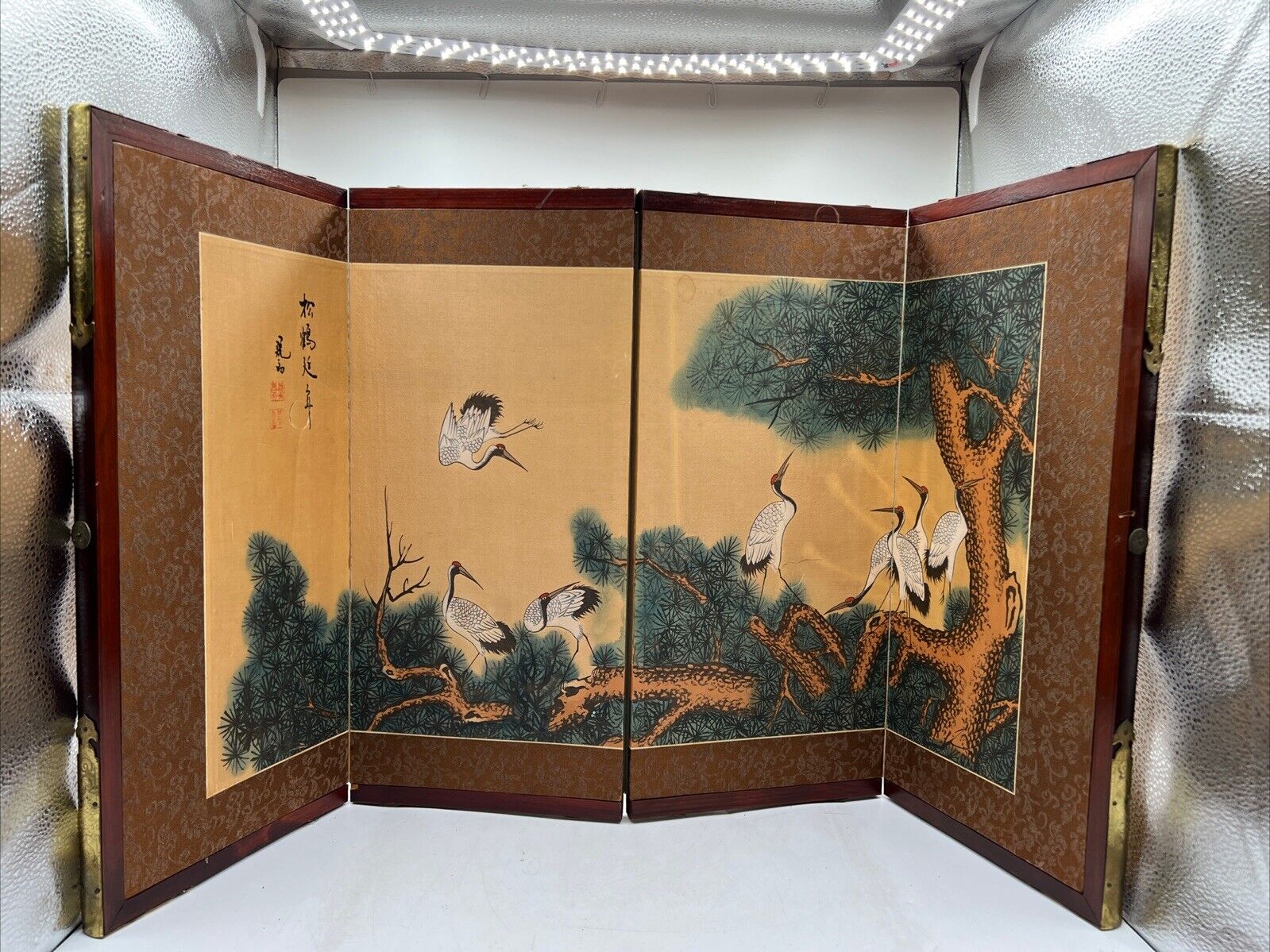 Vintage Chinese Asian Art 4 Panel Screen Hand Painted Silk 32”x 17” with Cranes
