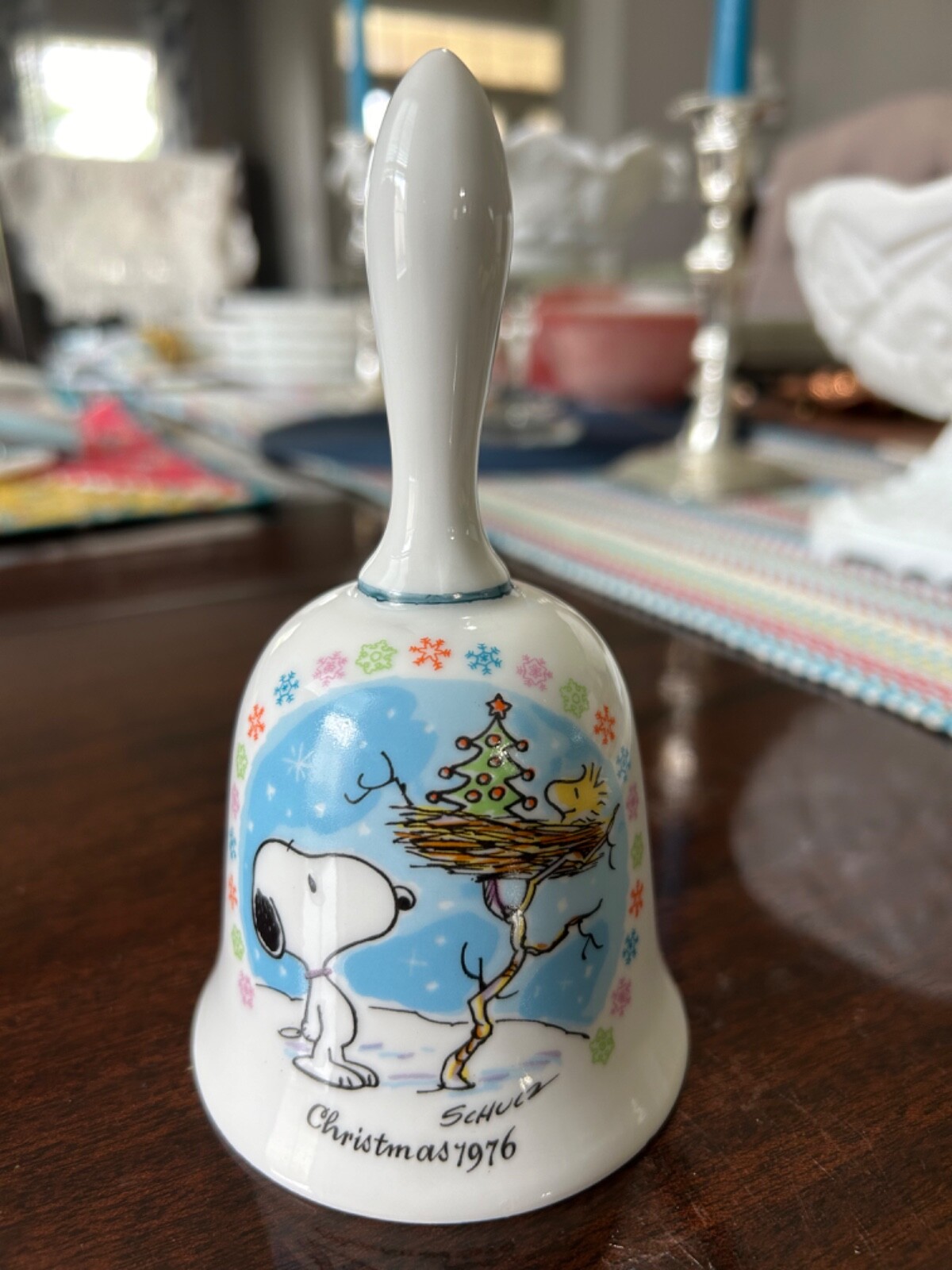 Vintage 1976 Peanuts Snoopy Christmas Hand Bell Peanuts Corp. Porcelain