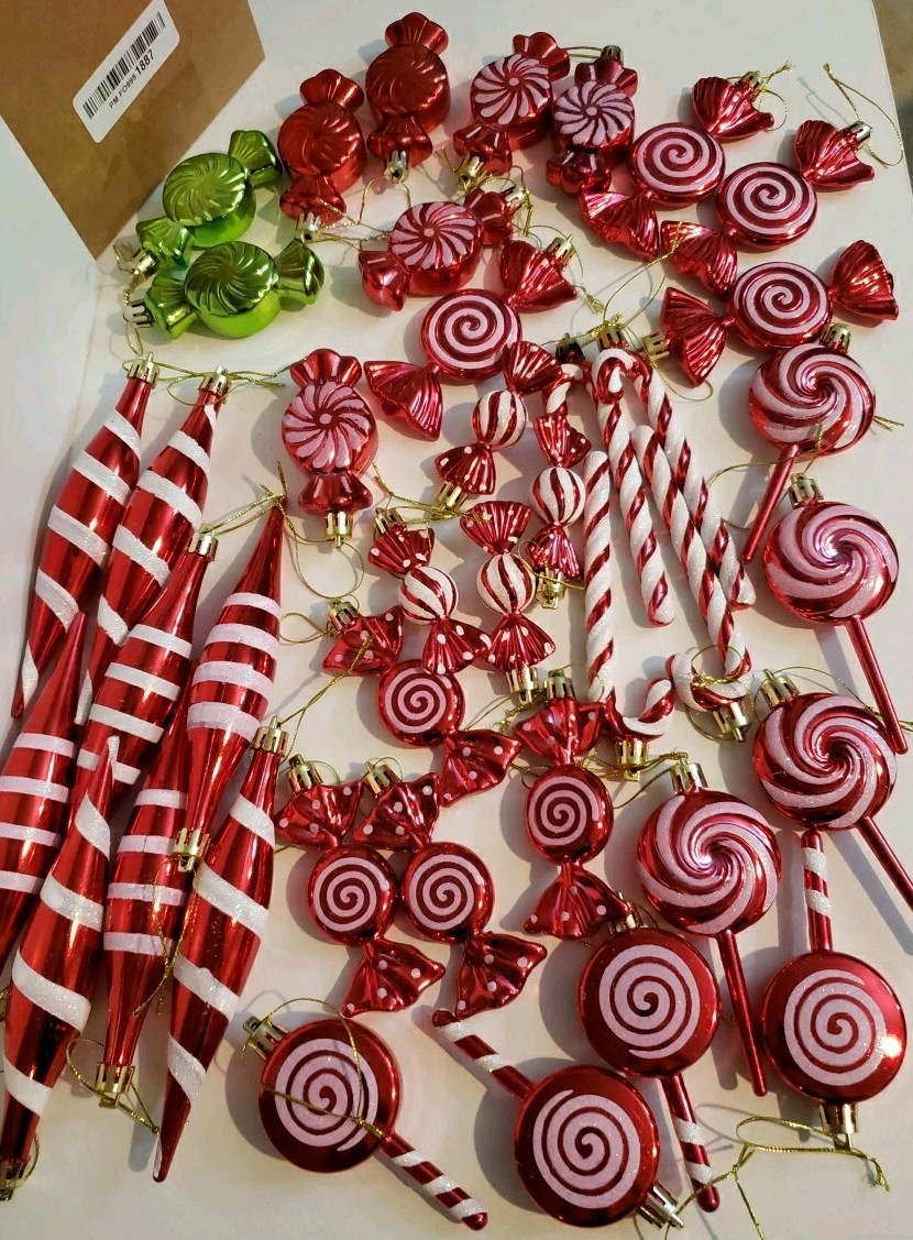 40 Christmas Ornaments Candy Themed Red White Gold Hangers 3\