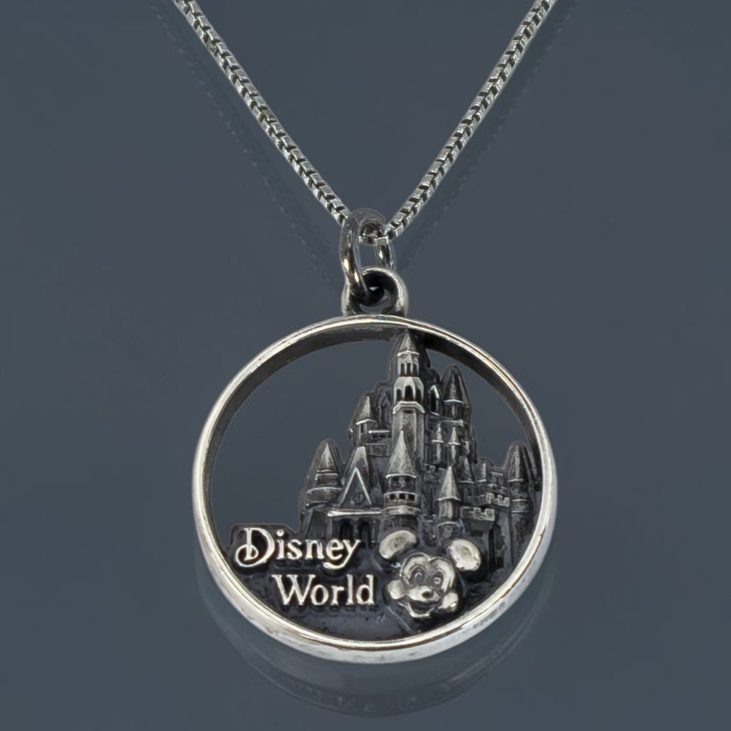 Rare Vtg 1990 Disney Mickey Sterling Silver Castle Pendant Box Chain Necklace
