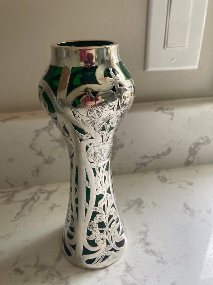 Antique Alvin Sterling Silver Overlay Vase - Cir. 1920 - Art Nouveau Masterpiece
