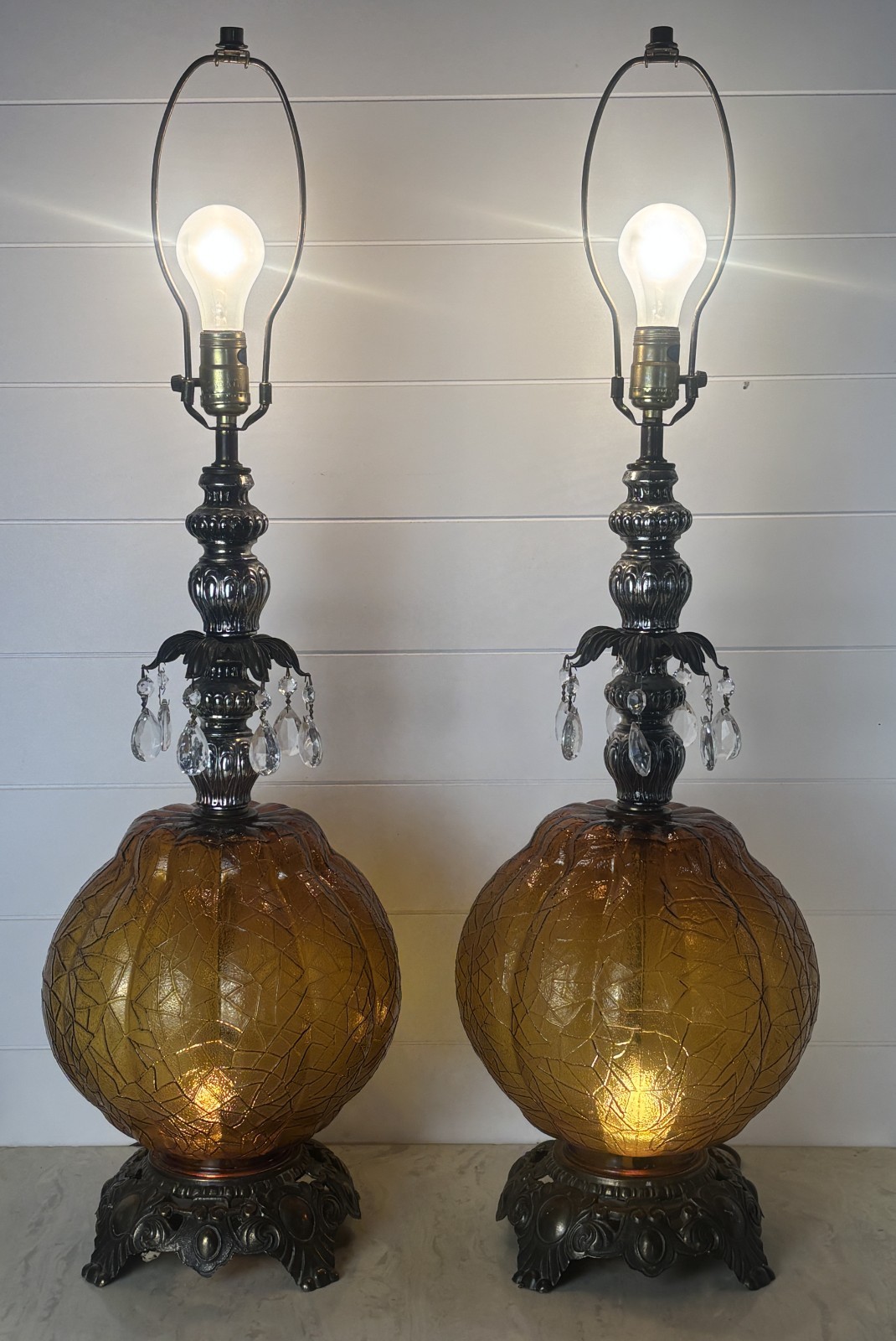 Pair Vintage Table Lamps Amber Glass Bottom Globe MCM Retro Prisms Glam 34.5 Pair Vintage Table Lamps Amber Glass Bottom Globe MCM Retro Prisms Glam 34.5