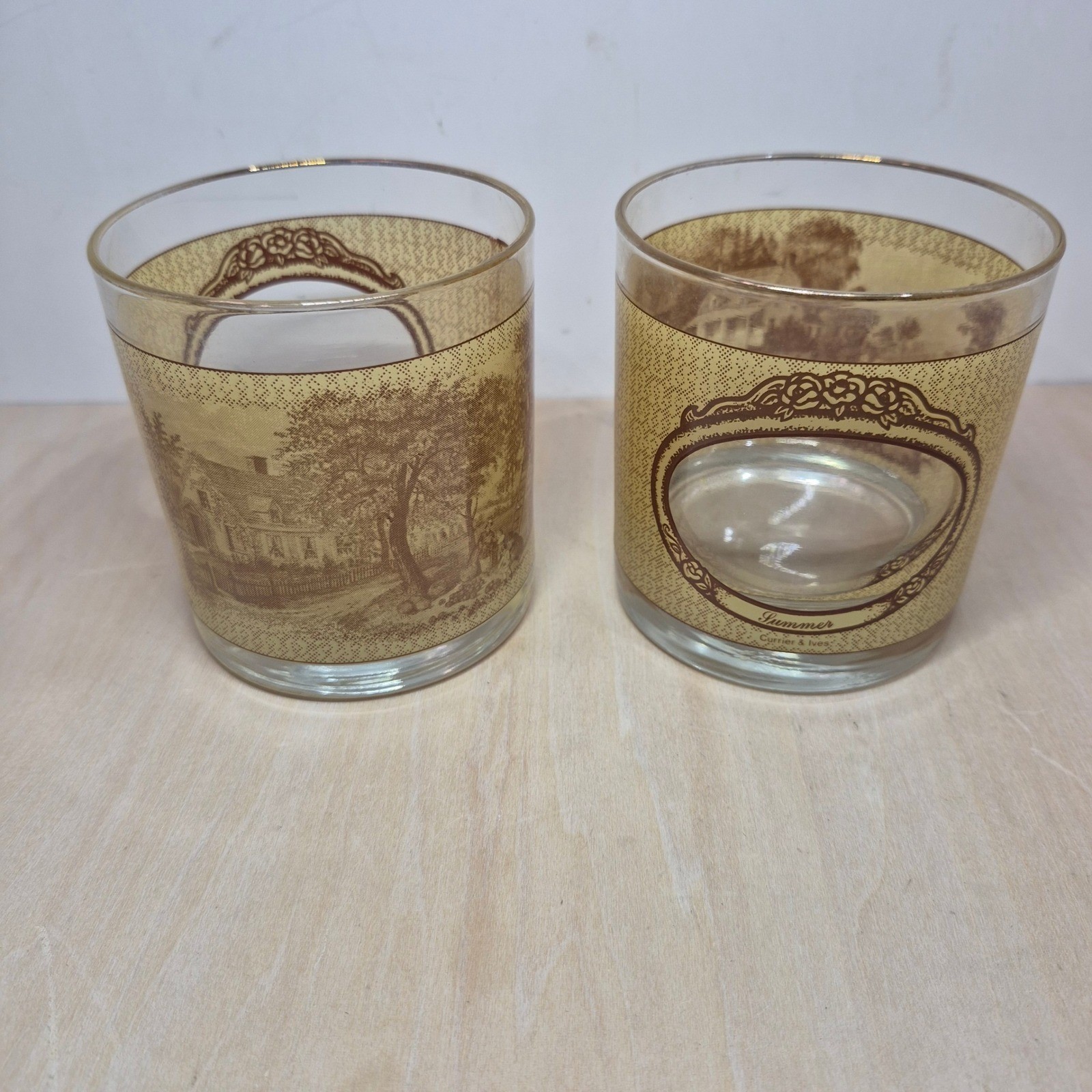 Vintage Currier & Ives Houze Art Glass Rocks Glasses Summer Fall Set of 2