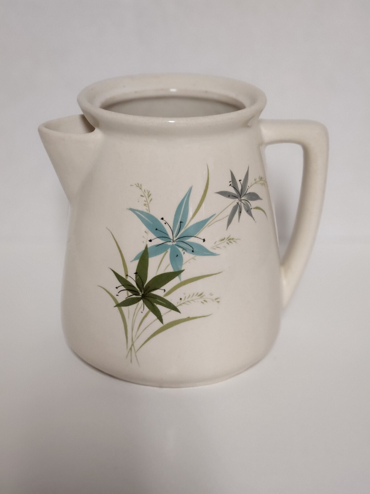 Vtg Pottery Pitcher, White with Blue & Green Flowers, Milk Water Jug Vase, Used Vtg Pottery Pitcher, White with Blue & Green Flowers, Milk Water Jug Vase, Used