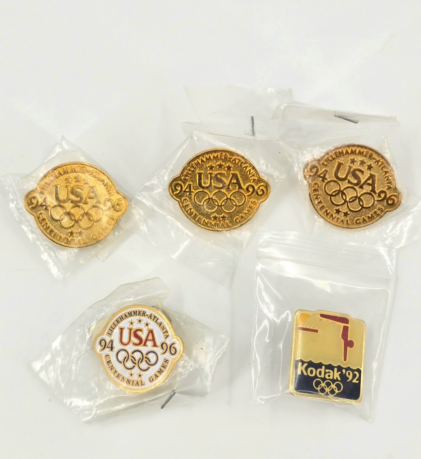 5 Olympic Lapel Pins Vintage 3 USA 1994-1996 Gold 1 USA 94-96 White 1 Kodak 1992