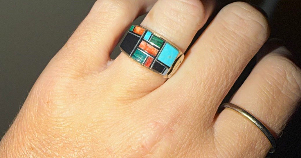 Sterling Silver Hallmarked Inlay Ring & Pendant Set, Turquoise Coral Mosaic Sterling Silver Hallmarked Inlay Ring & Pendant Set, Turquoise Coral Mosaic