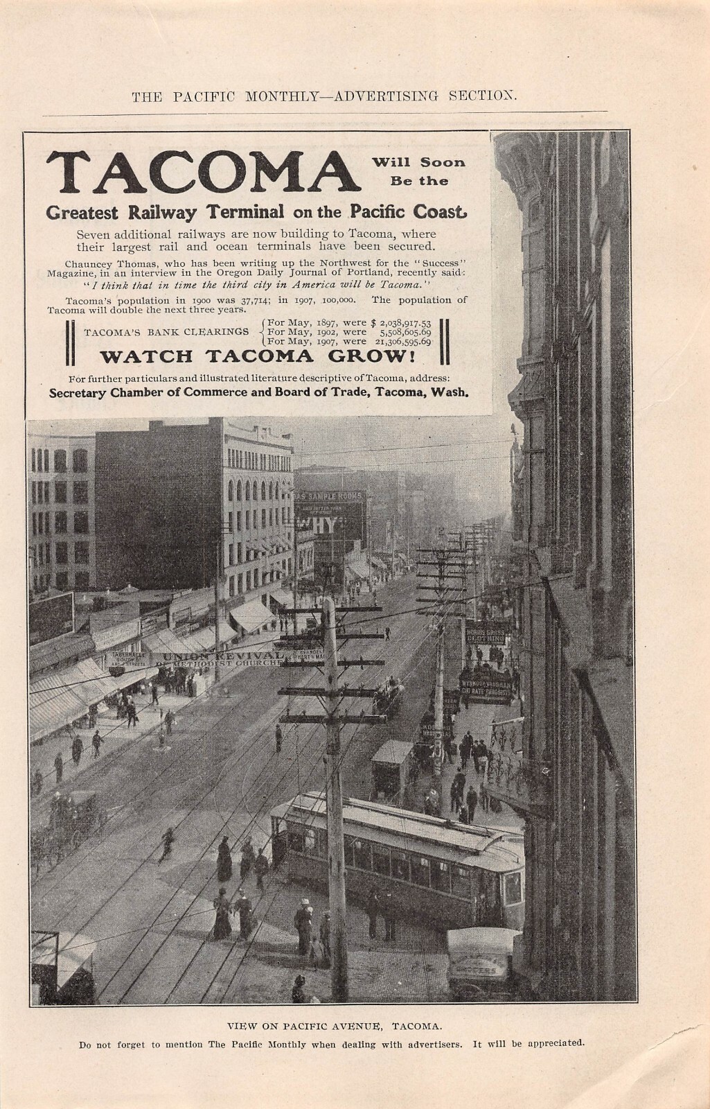 1907 ad TACOMA WA Greatest Railway Terminal on Pacific Coast Pacific Ave Trolley