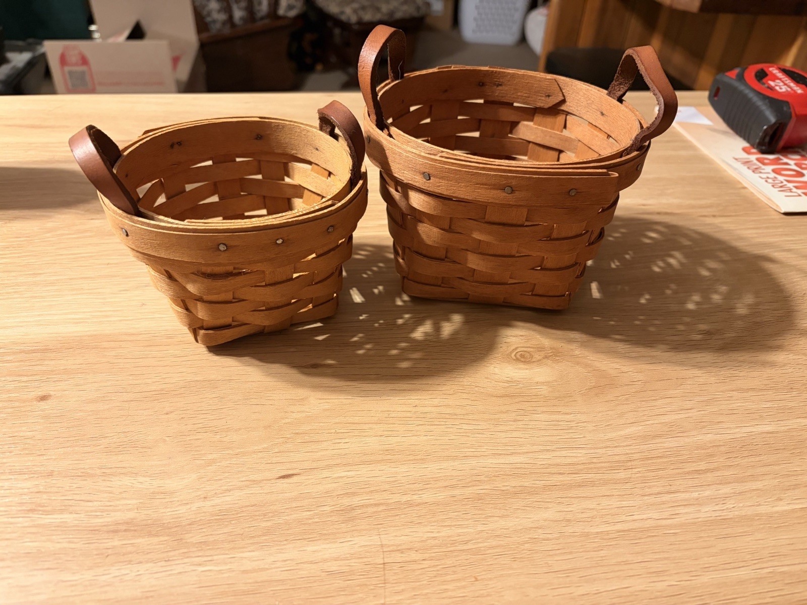 Longaberger Brown Wooden Basket Leather Handles Set Of 2