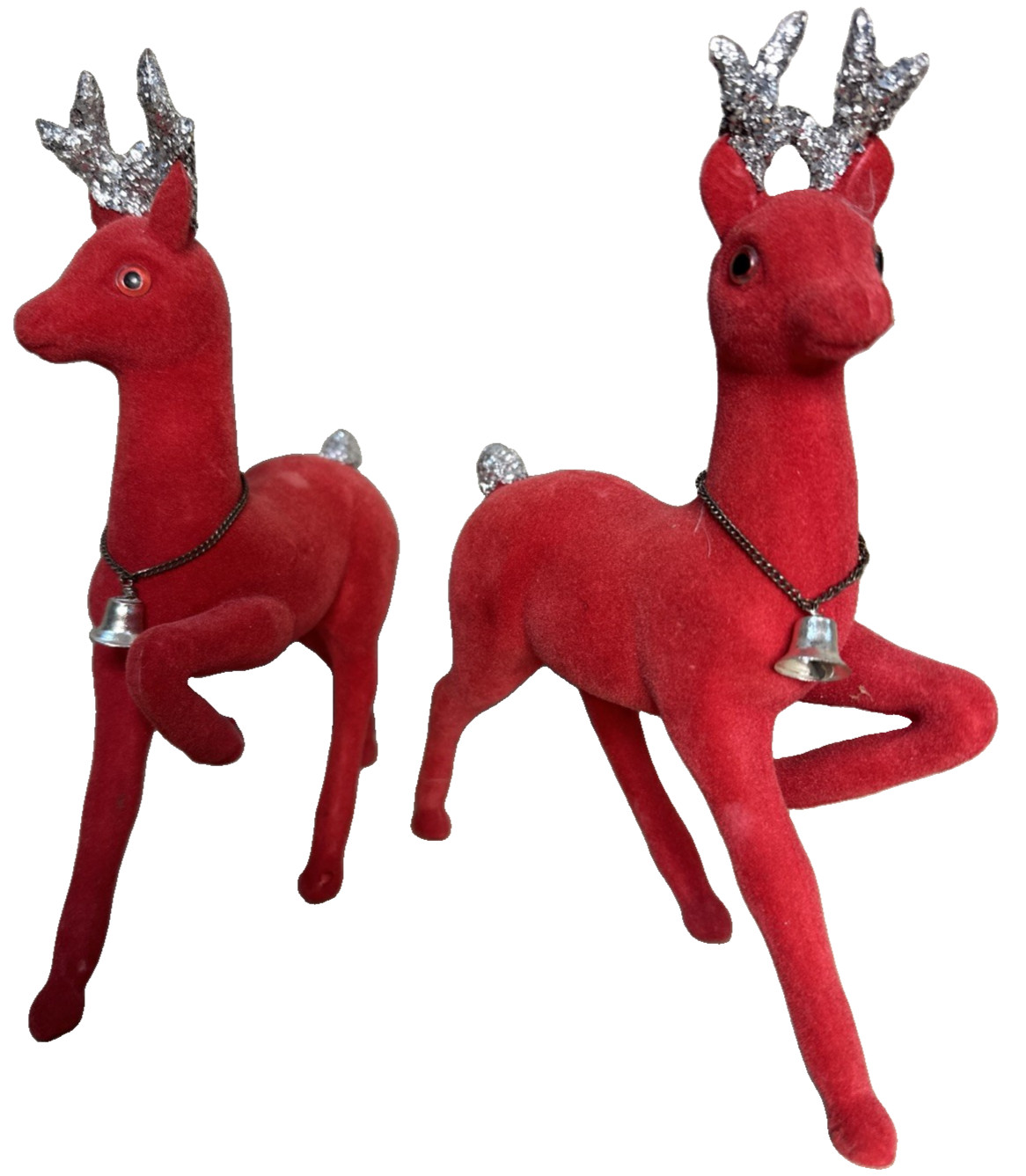 2 VTG 1950\'s CHRISTMAS REINDEER~RED FLOCKED/FELT W/SILVER GLITTER ANTLER~JAPAN