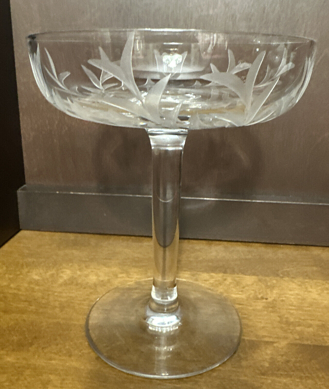 Stemmed Compote Candy Dish Martini Glass Etched Tulip Floral Clear Glass 6.75”