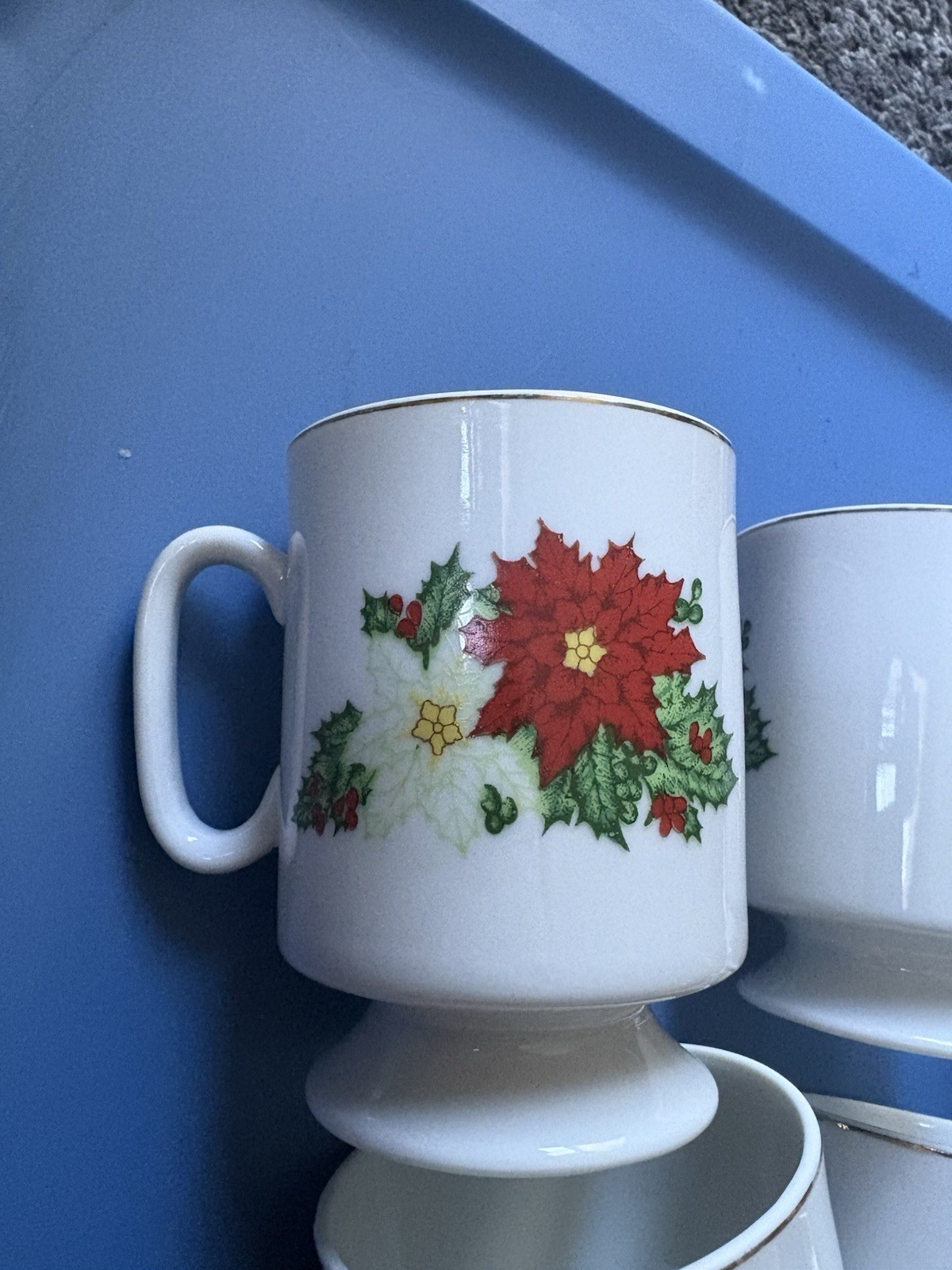 Vintage Christmas Poinsettia & Holly Pedestal Coffee Mugs - Set of 8 -