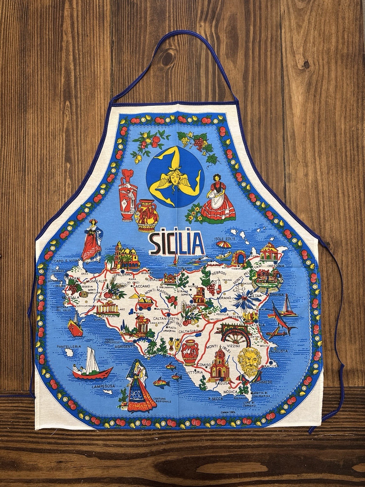 SICILIA Sicily Cotton Kitchen Apron Map Landmarks Crest 36.5x23 inch