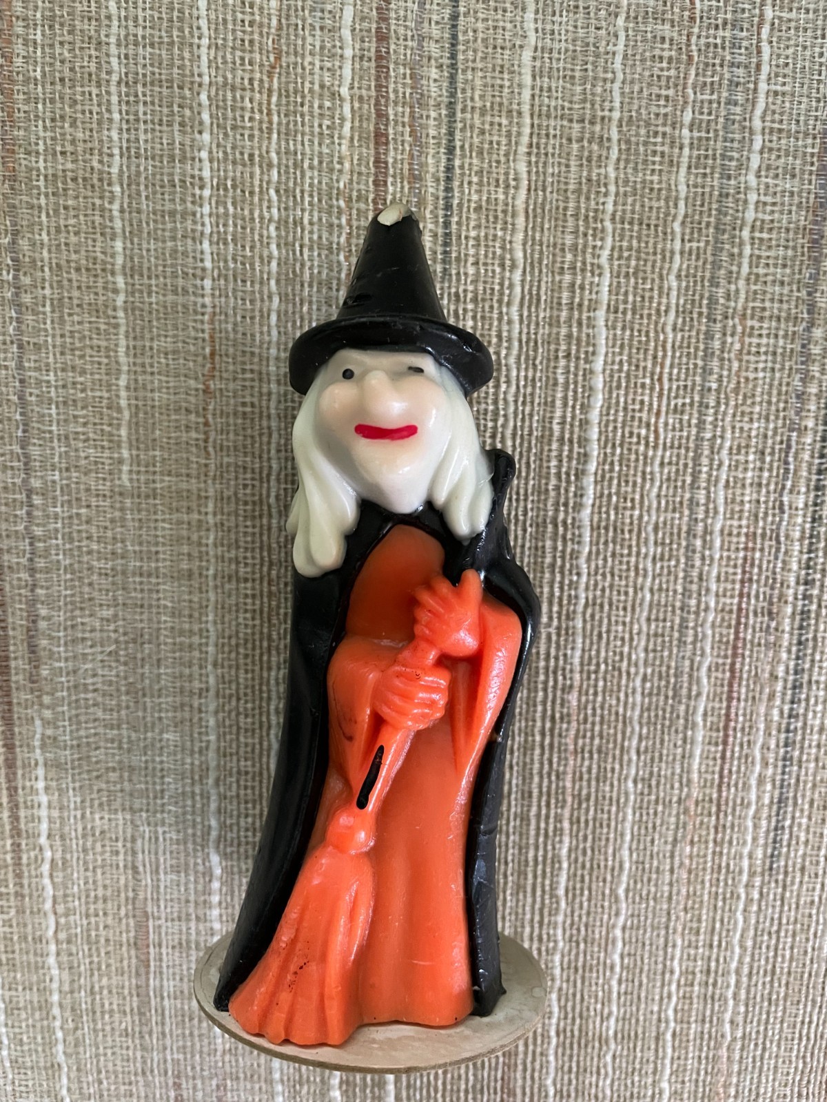 Vtg Gurley Halloween Witch Candle w Broom, Black Hat Orange Broom  5.5\