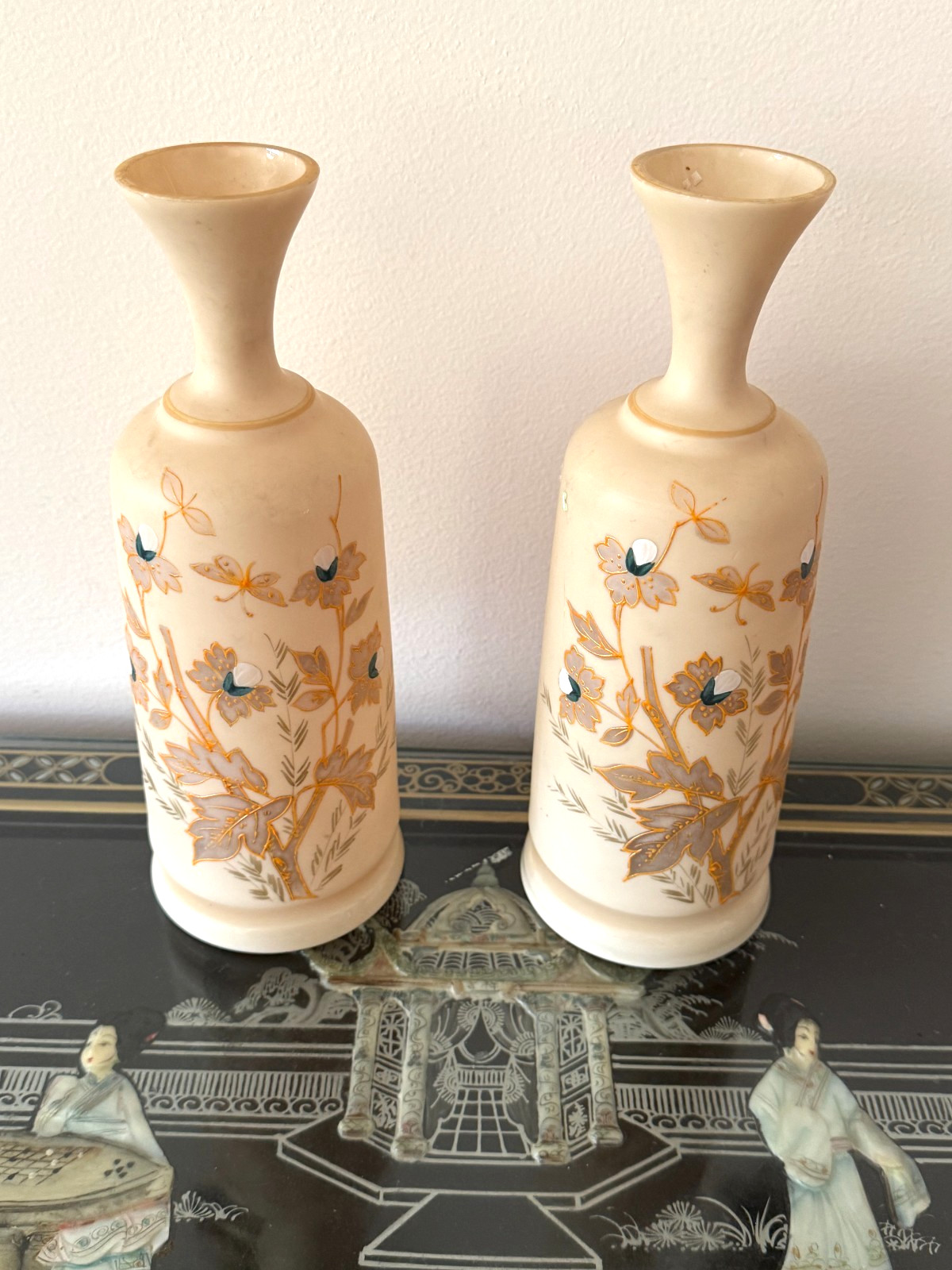 Pair of Rare Antique Victorian style Vases hand-painted floral & butterfly motif